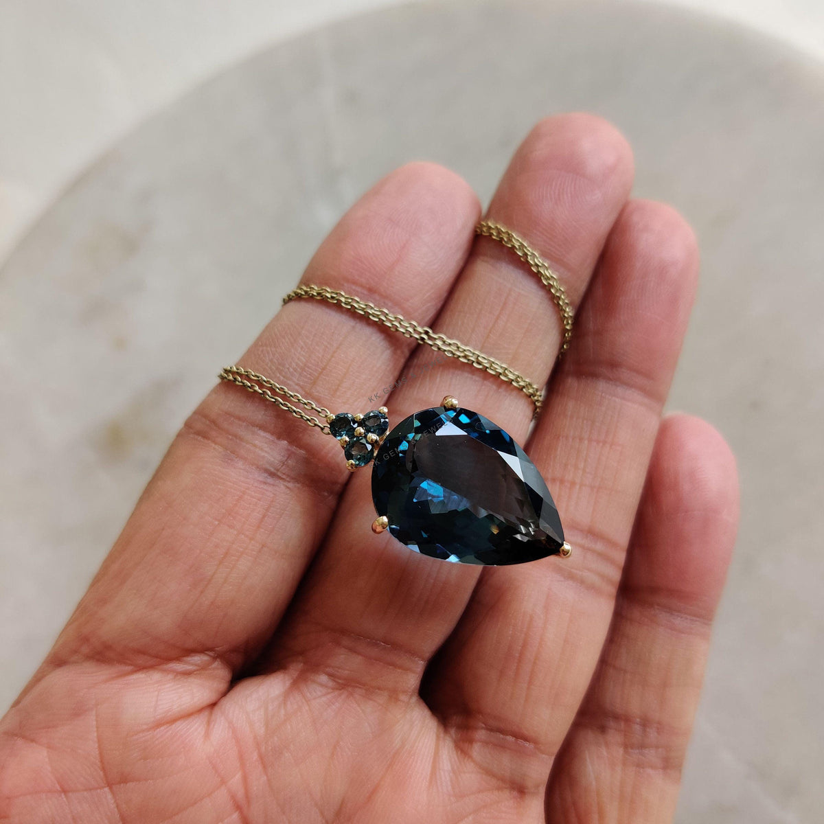 14K Solid Gold Natural London Blue Topaz Pear Pendant, December Birthstone
