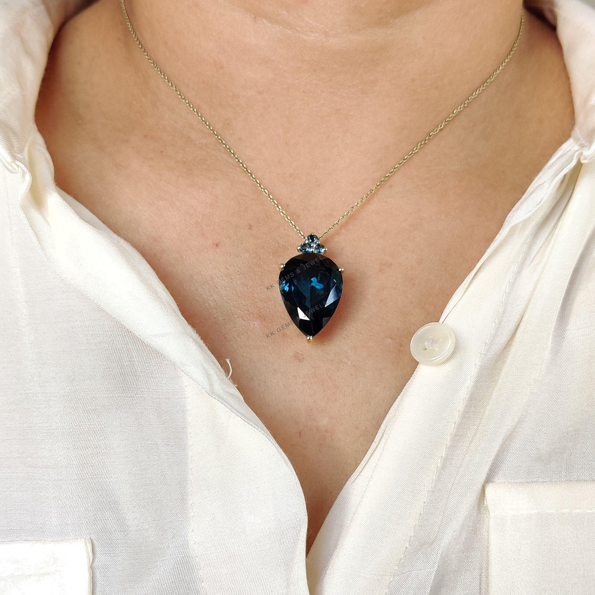 14K Solid Gold Natural London Blue Topaz Pear Pendant, December Birthstone