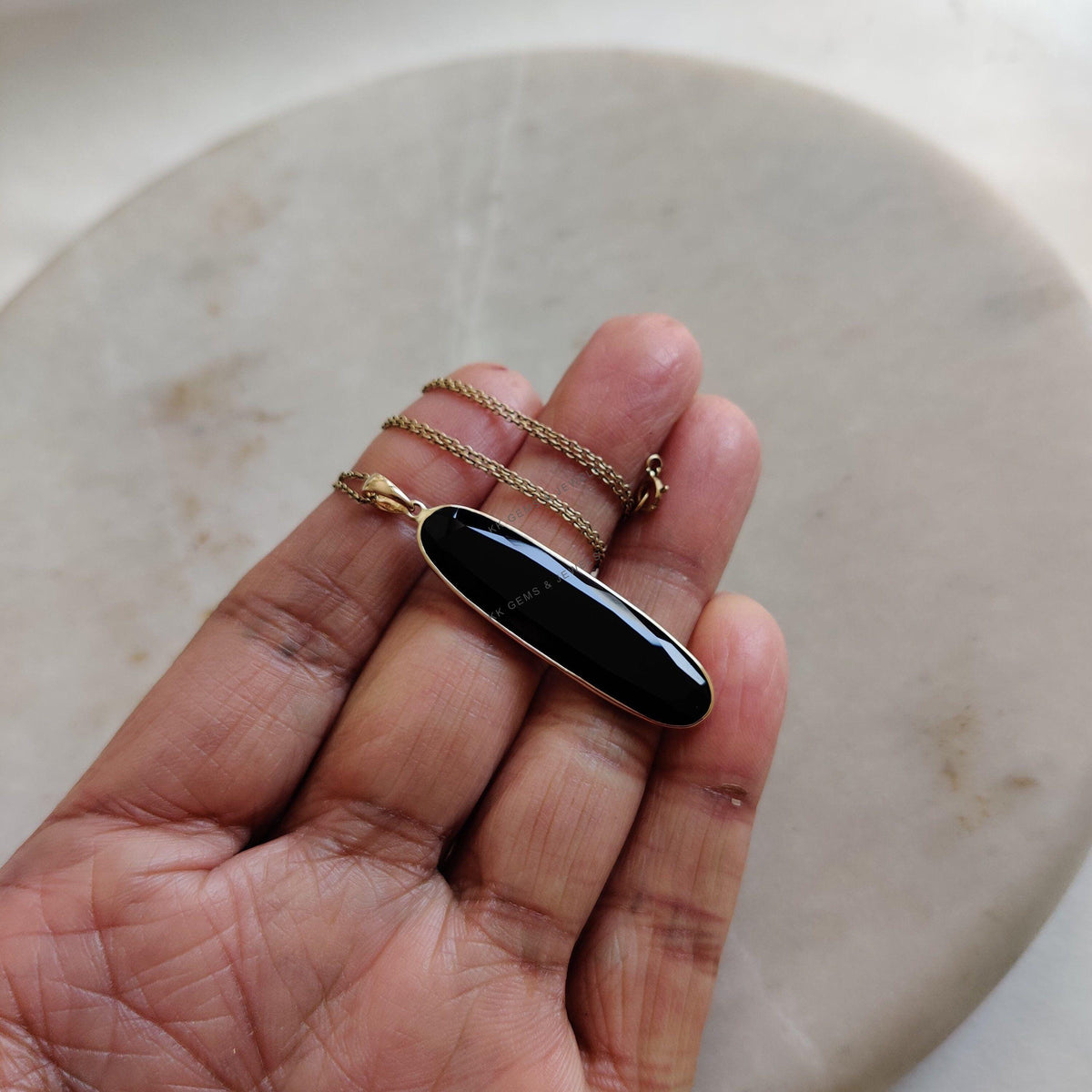 Oblong Natural Black Onyx Pendant, 14K Solid Yellow Gold Bezel Pendant, Christmas Gift