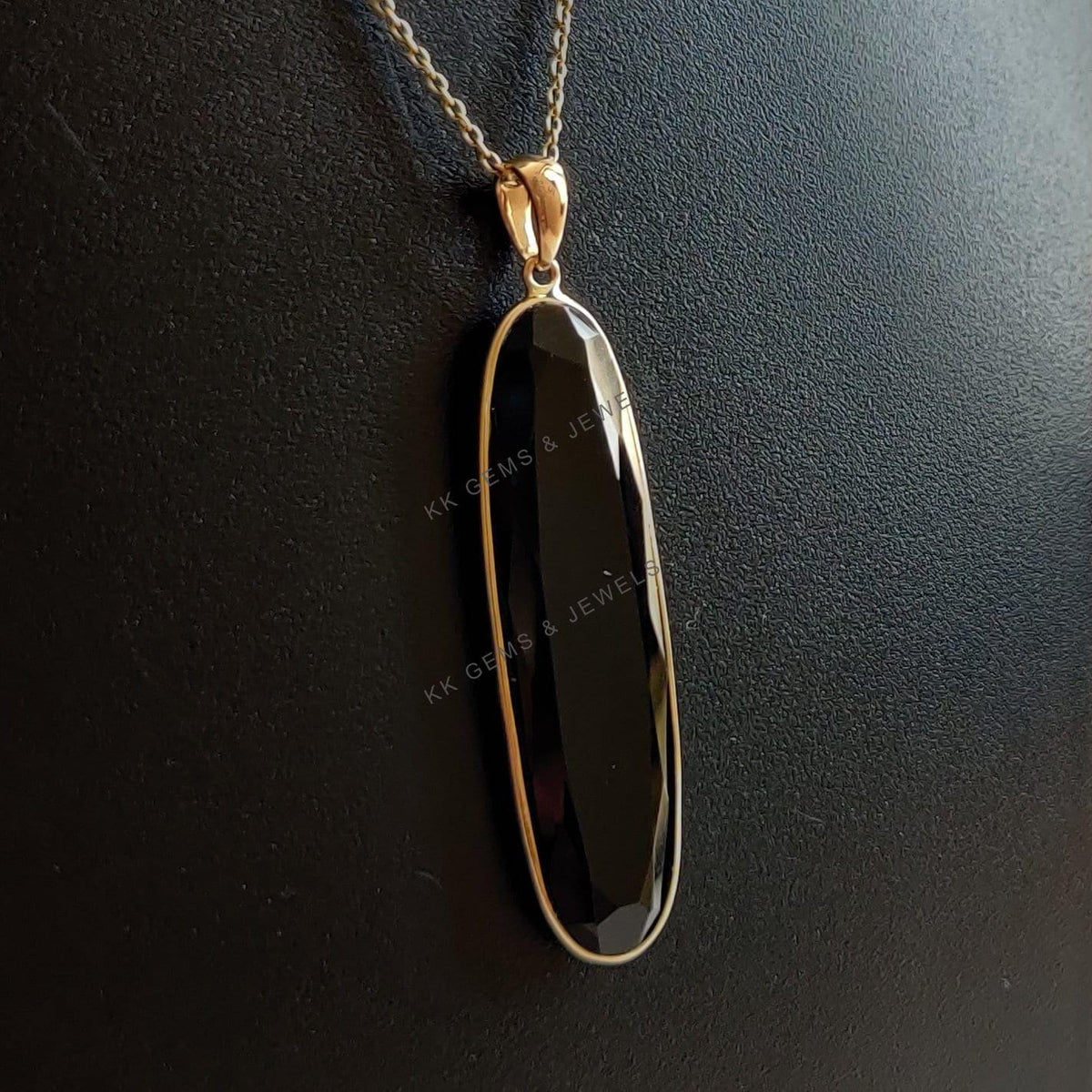 Oblong Natural Black Onyx Pendant, 14K Solid Yellow Gold Bezel Pendant, Christmas Gift