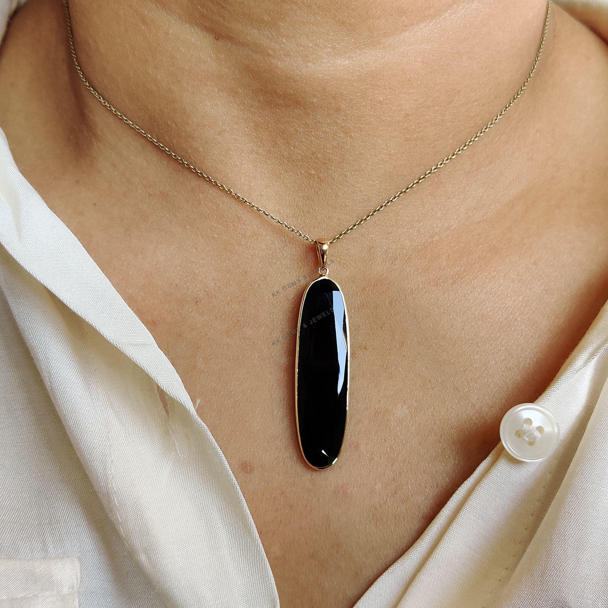 Oblong Natural Black Onyx Pendant, 14K Solid Yellow Gold Bezel Pendant, Christmas Gift