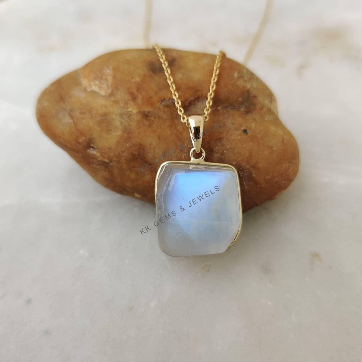 Natural Rainbow Moonstone Pendant: 14K Solid Yellow Gold Bezel, June Birthstone