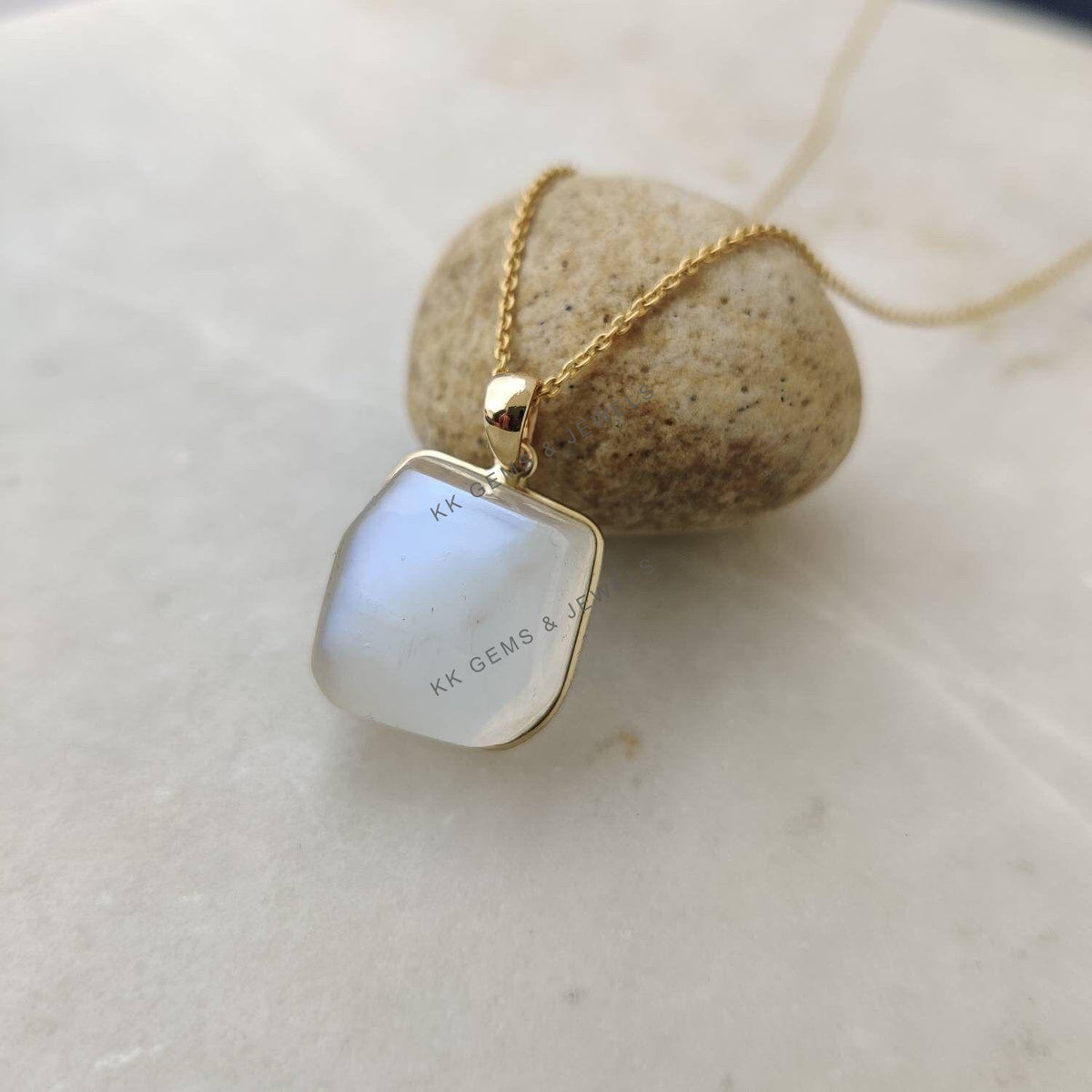 Natural Rainbow Moonstone Pendant: 14K Solid Yellow Gold Bezel, June Birthstone