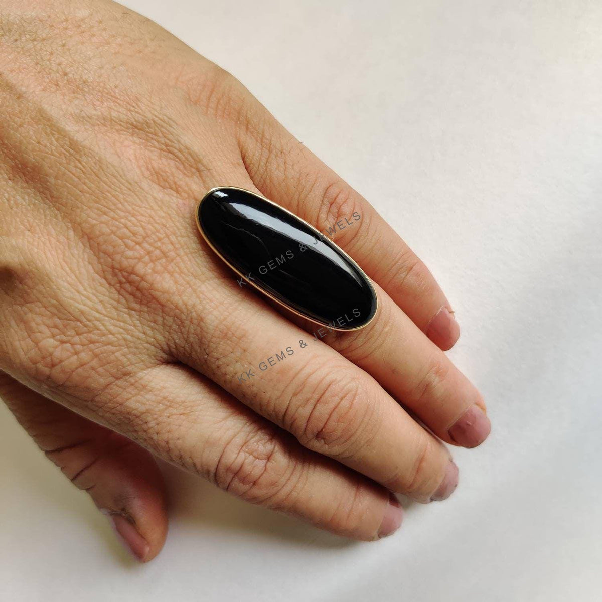 Oblong Natural Black Onyx Ring: 14K Solid Yellow Gold Bezel Ring