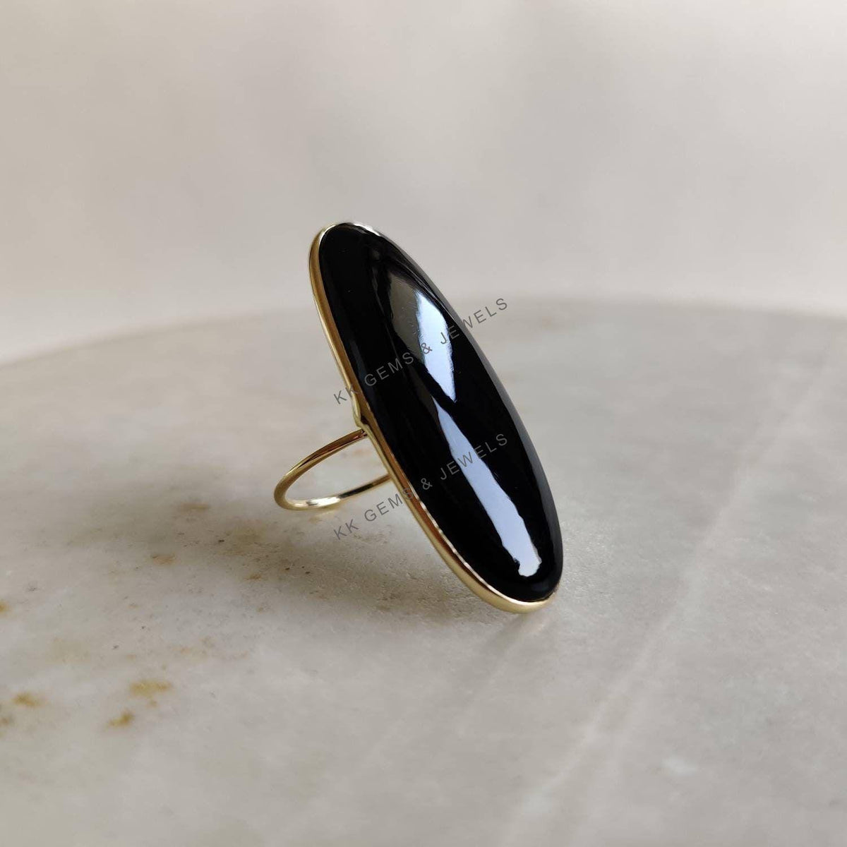 Oblong Natural Black Onyx Ring: 14K Solid Yellow Gold Bezel Ring