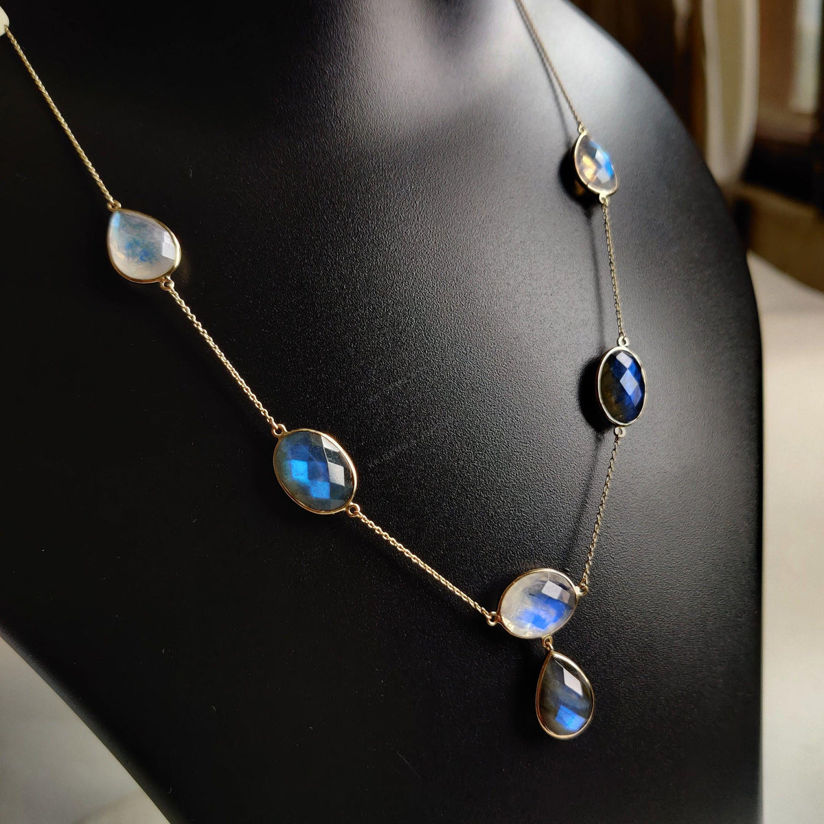 14K Solid Gold Natural Rainbow Moonstone & Labradorite Necklace: June August Birthstone