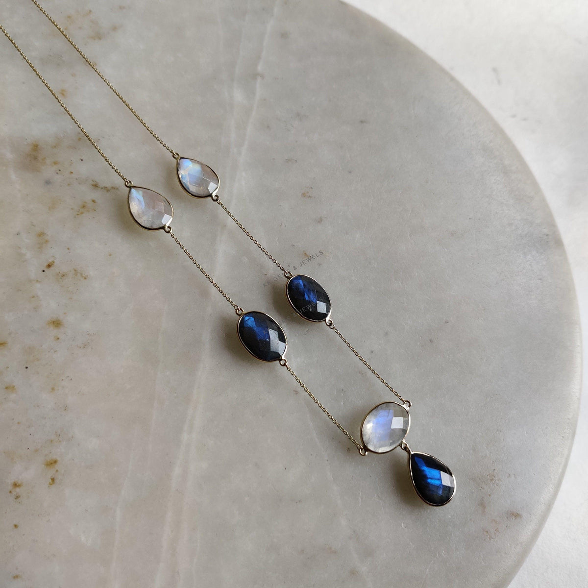 14K Solid Gold Natural Rainbow Moonstone & Labradorite Necklace: June August Birthstone