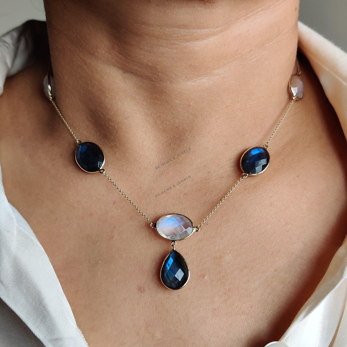 14K Solid Gold Natural Rainbow Moonstone & Labradorite Necklace: June August Birthstone