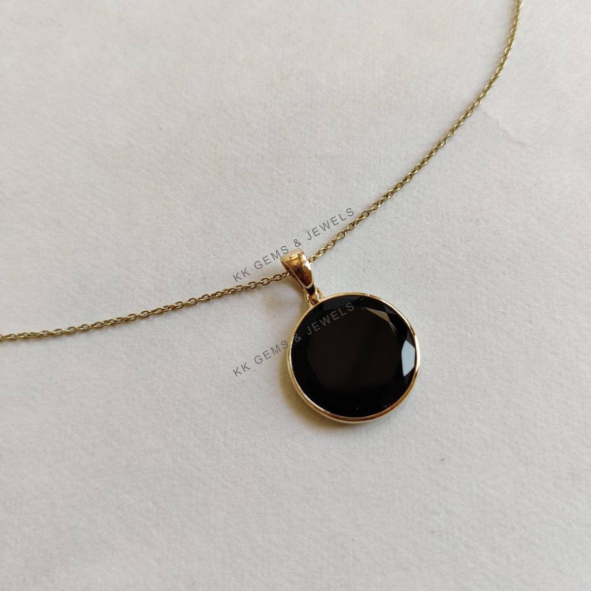 14K Solid Yellow Gold Natural Black Onyx Pendant, December Birthstone, Christmas Present