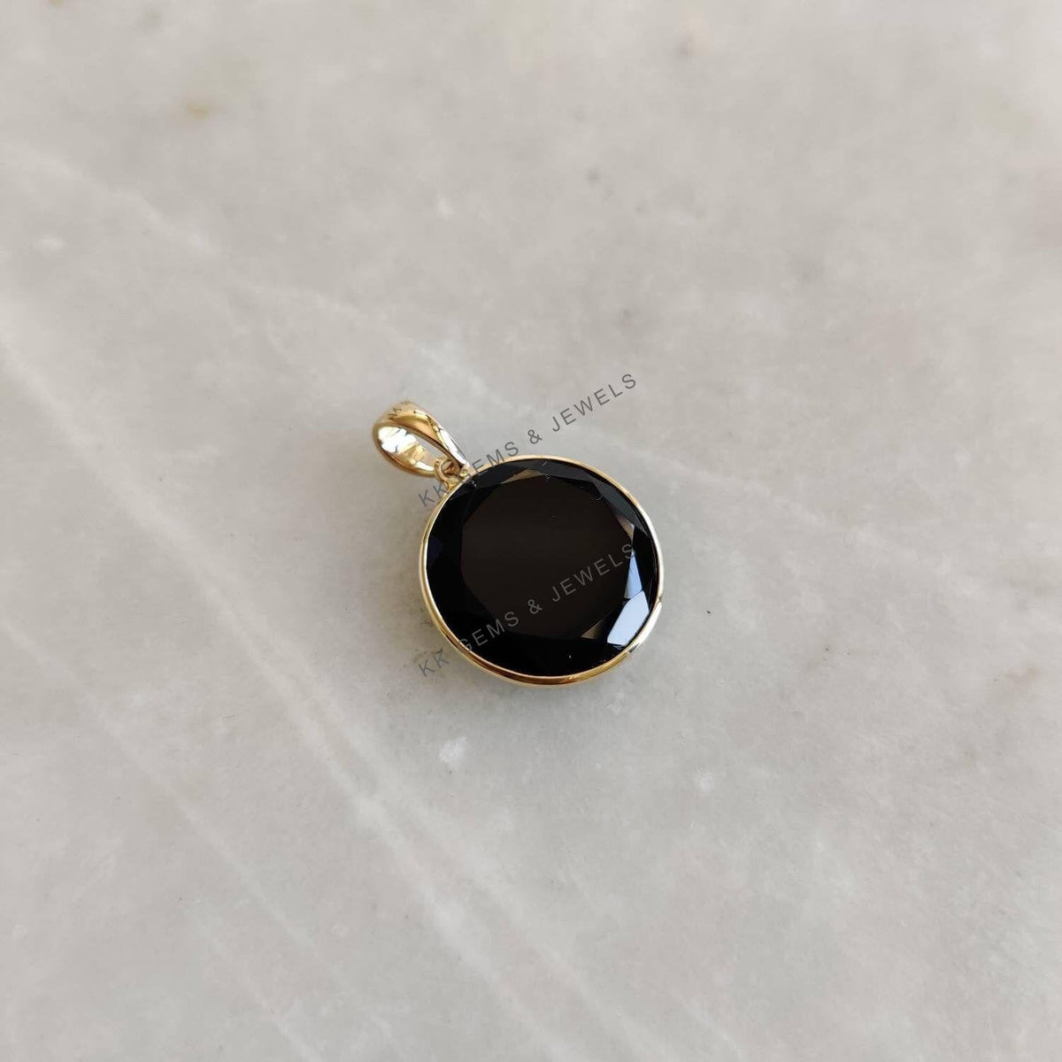 14K Solid Yellow Gold Natural Black Onyx Pendant, December Birthstone, Christmas Present