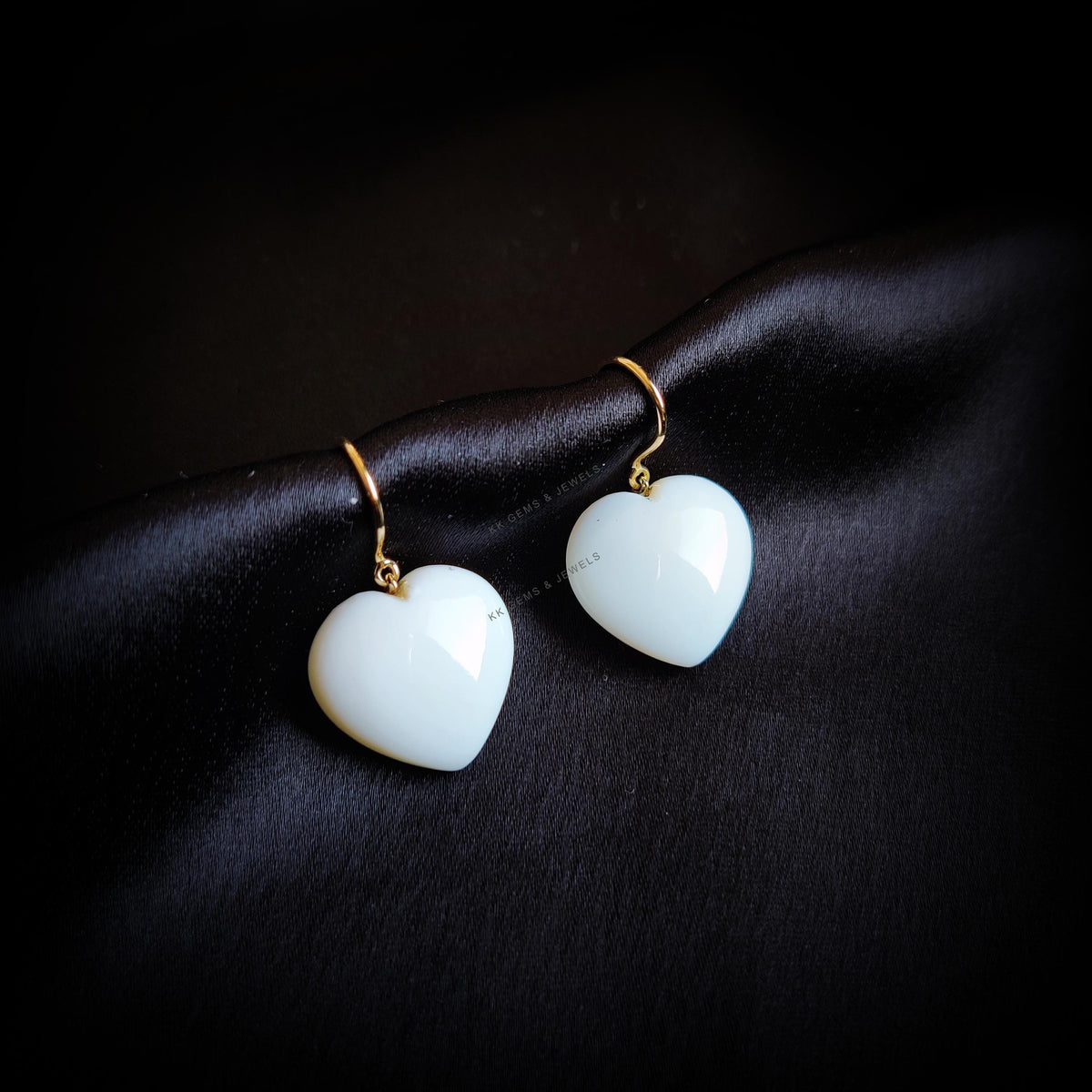14K Solid Yellow Gold Natural White Opal Heart Drill Earrings, October Birthstone