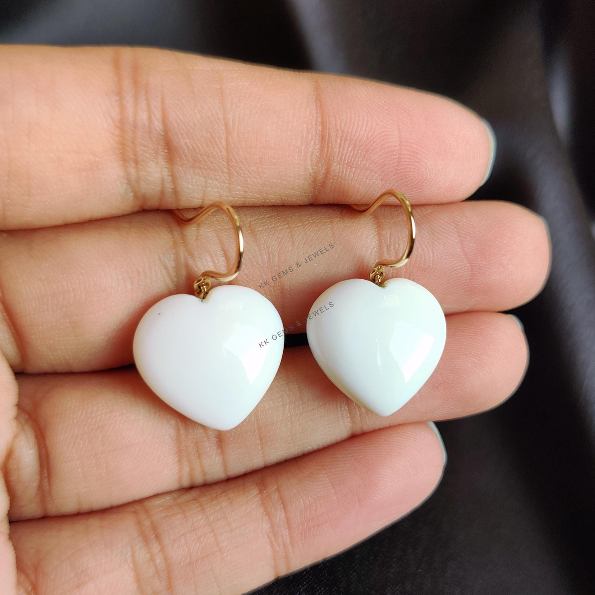 14K Solid Yellow Gold Natural White Opal Heart Drill Earrings, October Birthstone