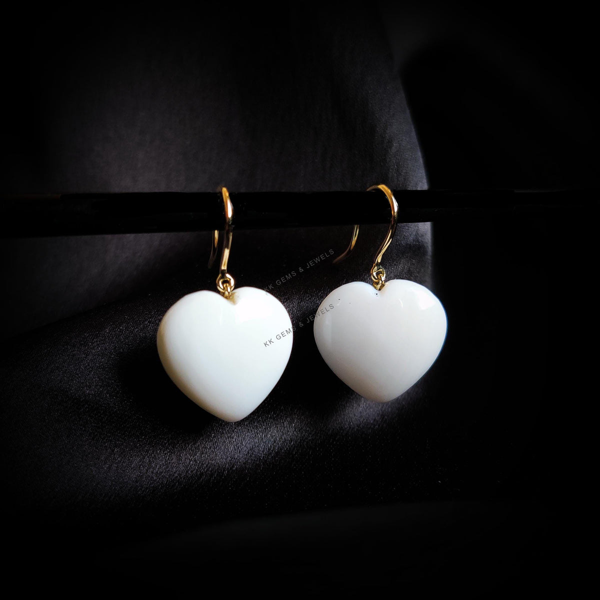 14K Solid Yellow Gold Natural White Opal Heart Drill Earrings, October Birthstone