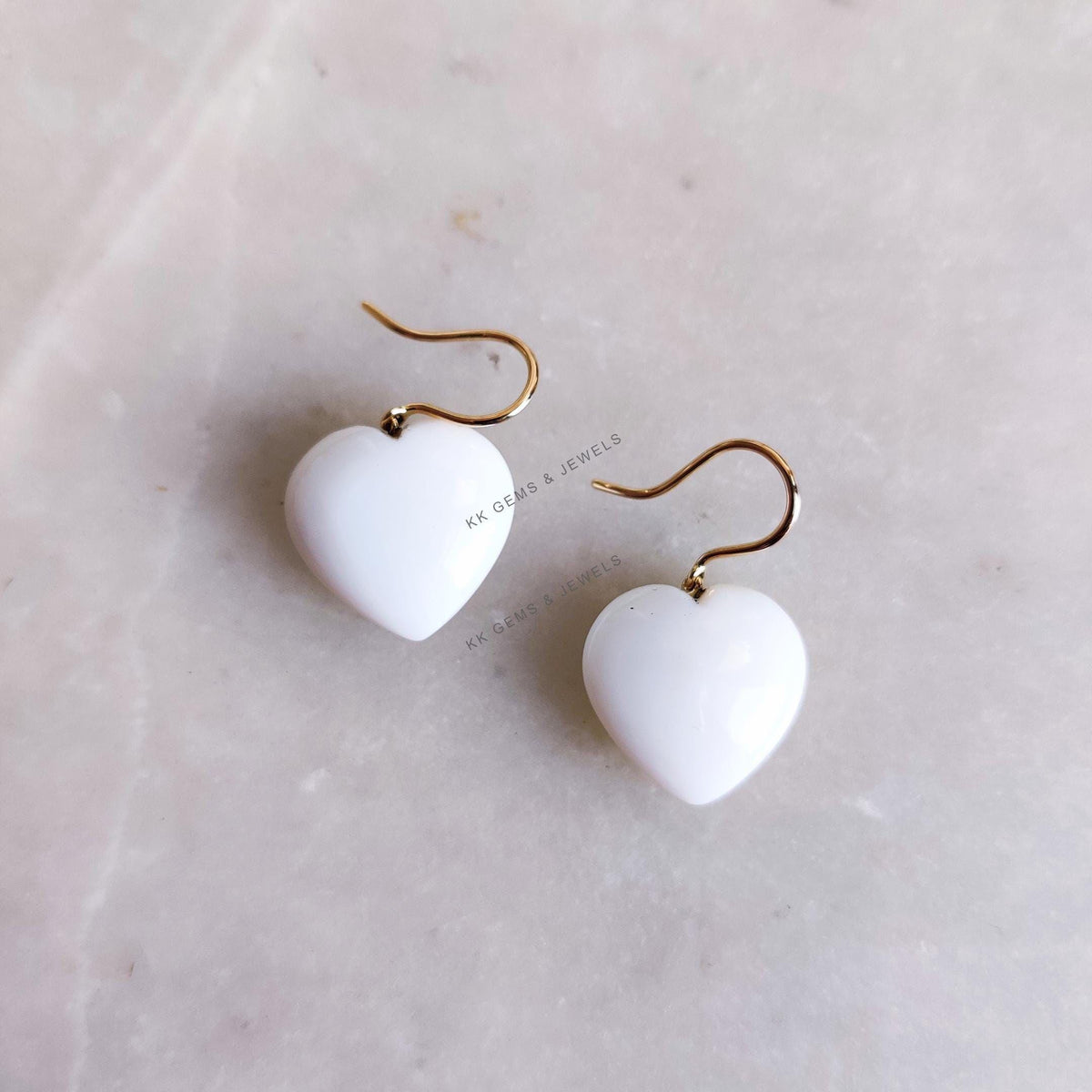 14K Solid Yellow Gold Natural White Opal Heart Drill Earrings, October Birthstone