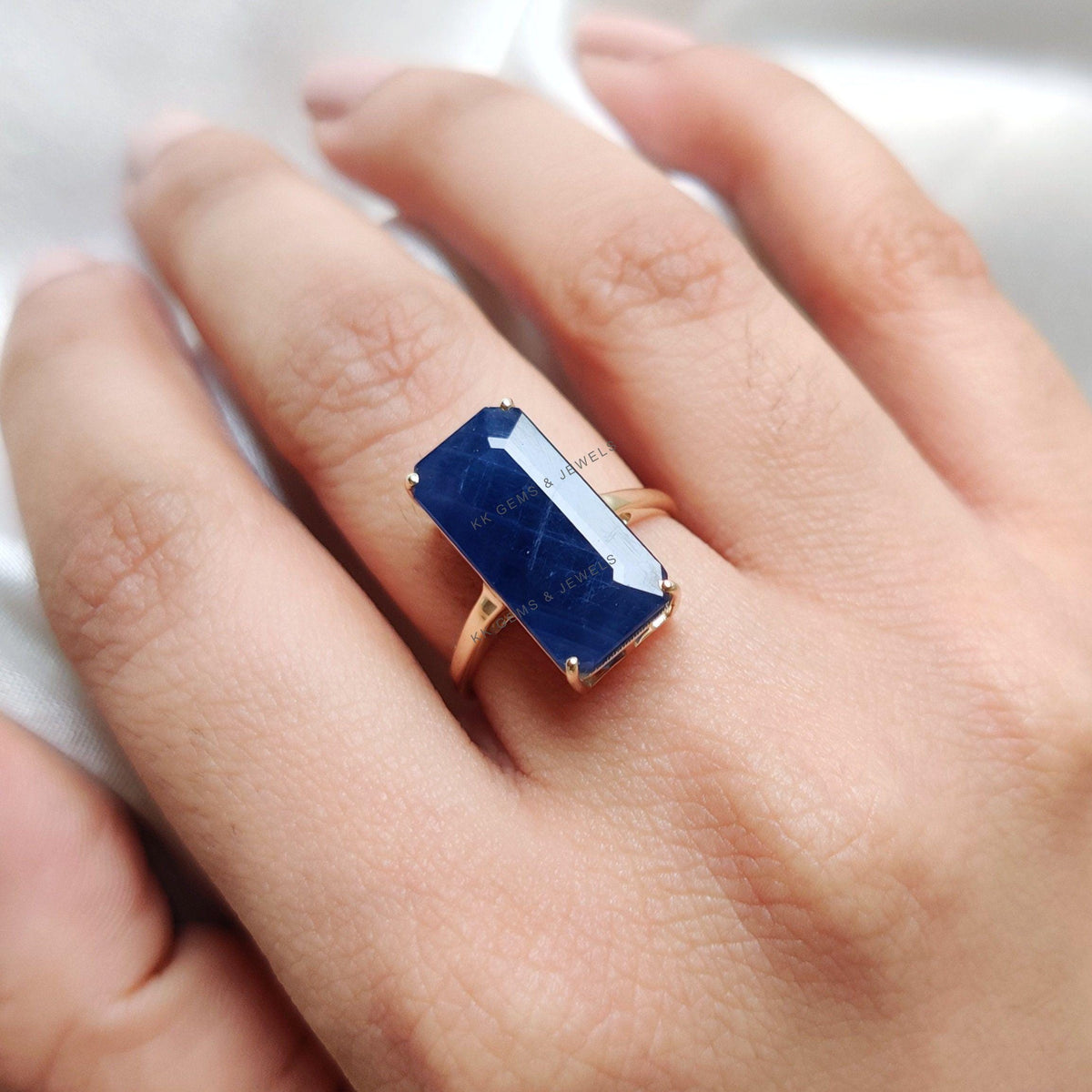 Emerald Cut Natural Blue Sapphire Ring, 14K Solid Yellow Gold September Birthstone