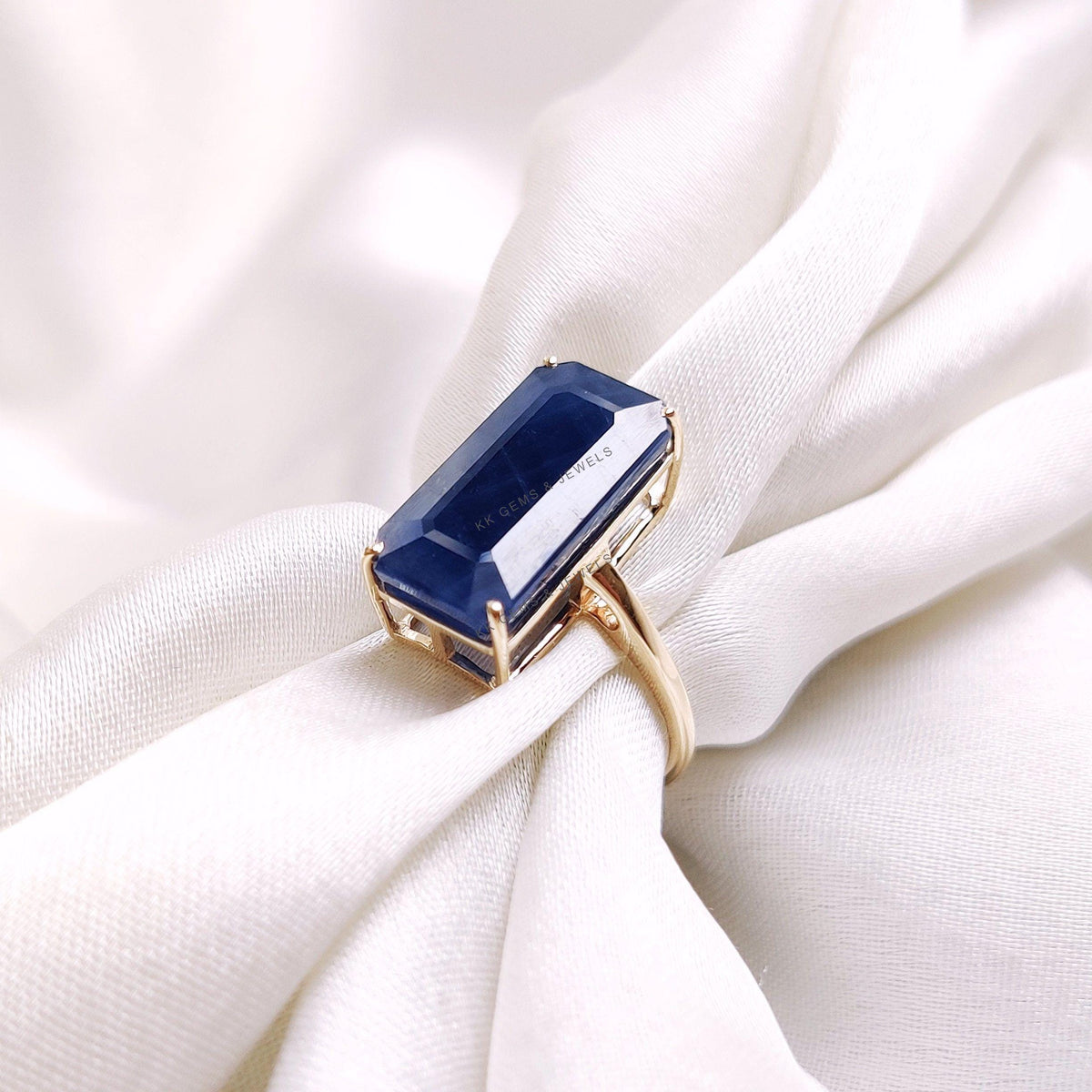 Emerald Cut Natural Blue Sapphire Ring, 14K Solid Yellow Gold September Birthstone
