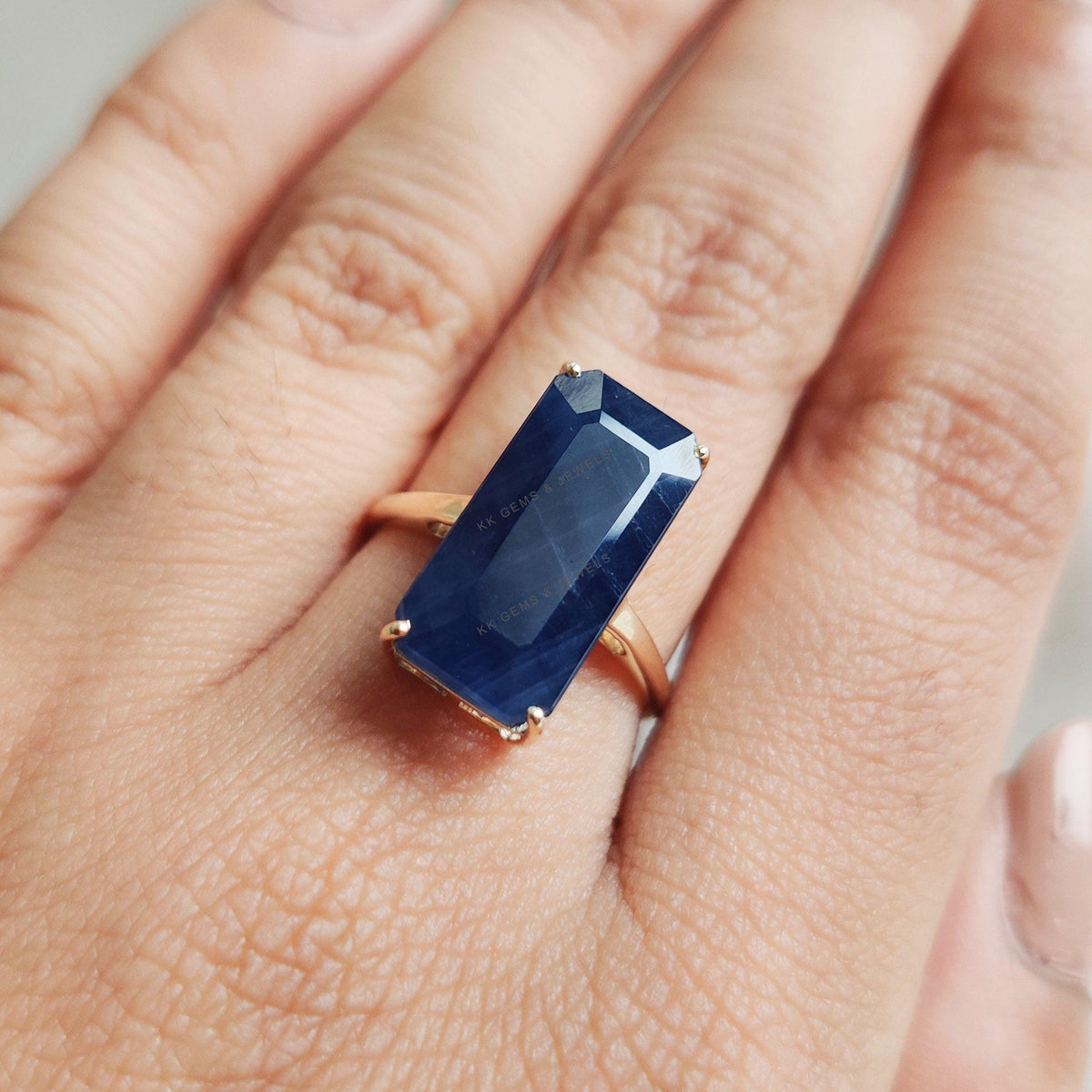 Emerald Cut Natural Blue Sapphire Ring, 14K Solid Yellow Gold September Birthstone