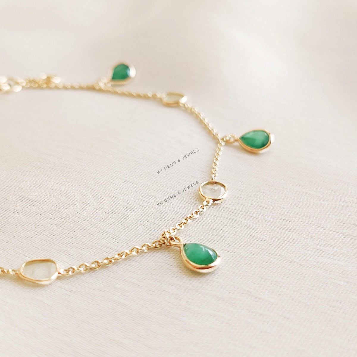 Natural Emerald & Diamond Polki Bracelet, 14K Solid Yellow Gold, May Birthstone