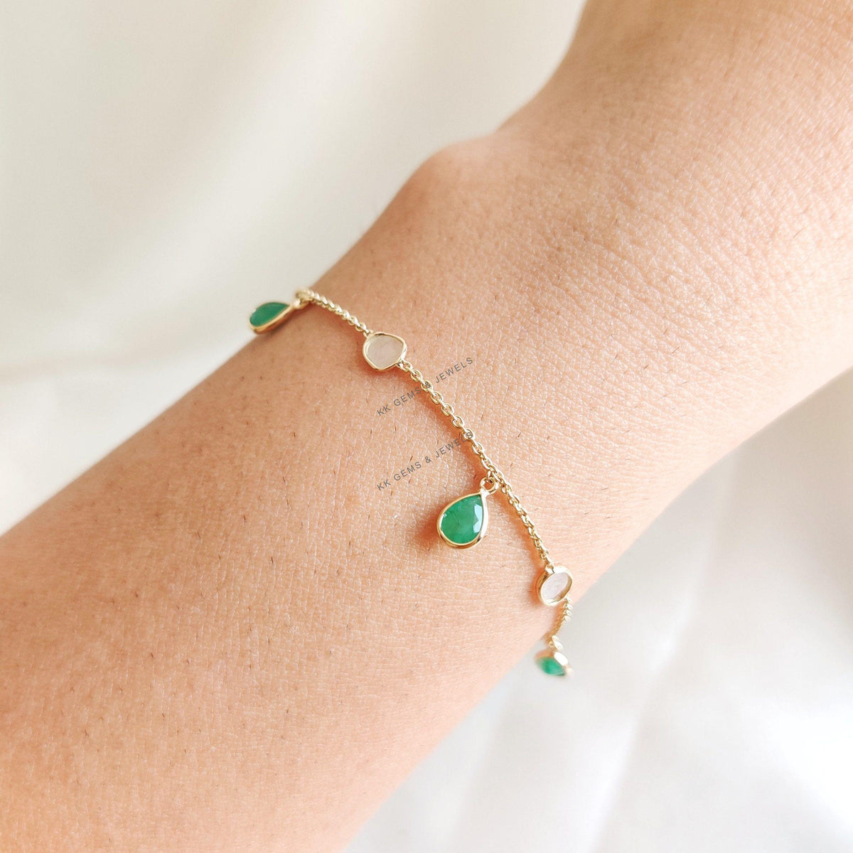 Natural Emerald & Diamond Polki Bracelet, 14K Solid Yellow Gold, May Birthstone