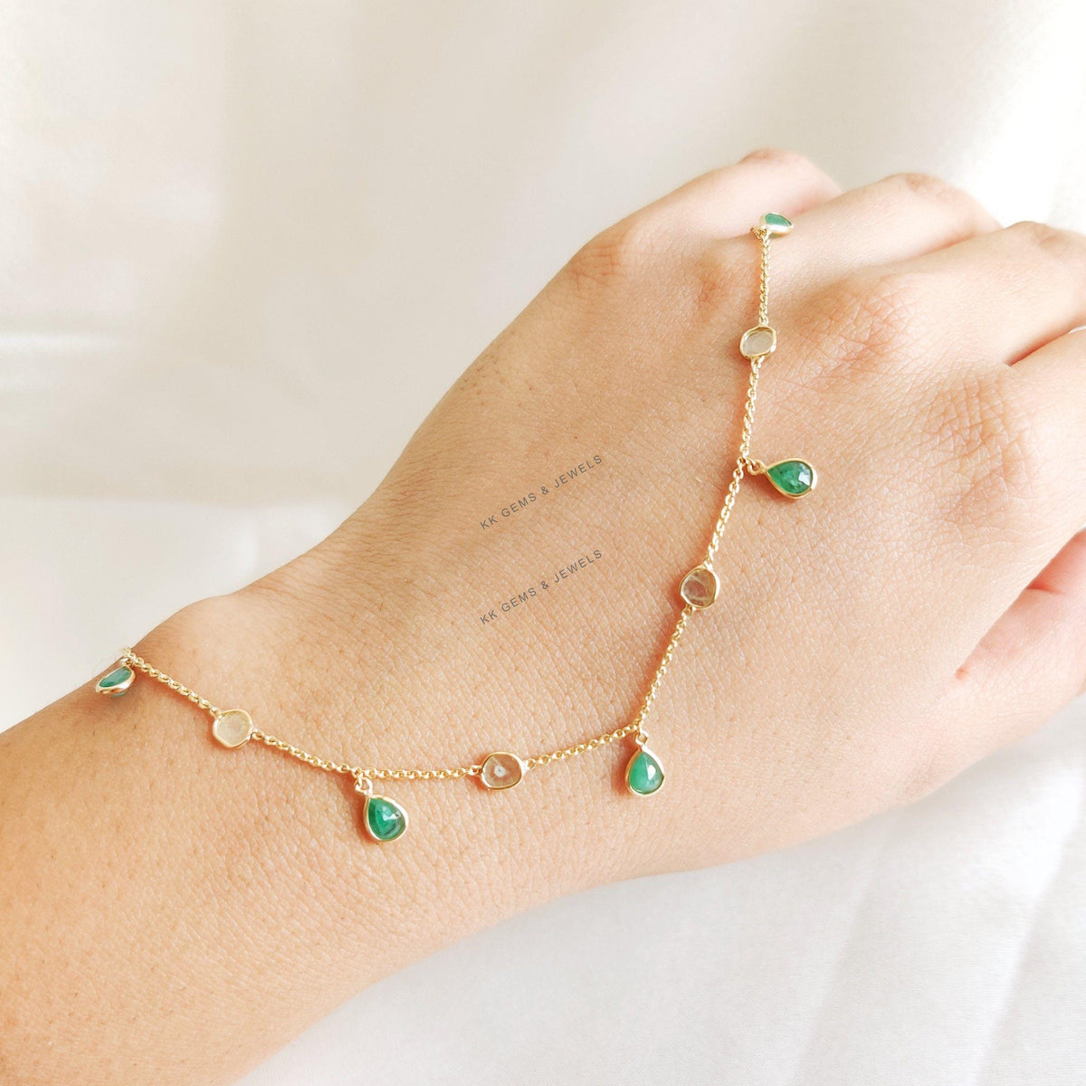 Natural Emerald & Diamond Polki Bracelet, 14K Solid Yellow Gold, May Birthstone