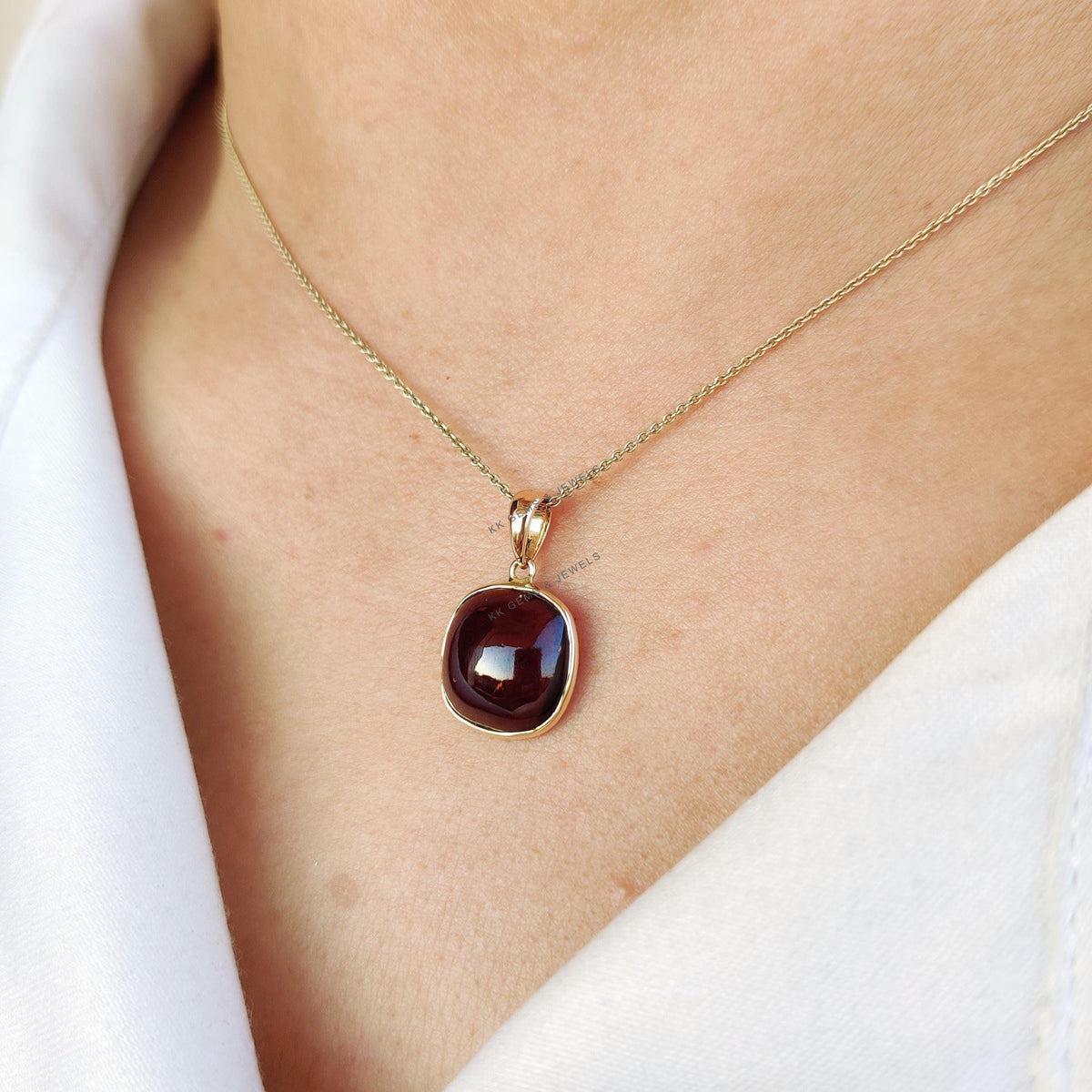 Natural Garnet Pendant: 14K Solid Yellow Gold Bezel Pendant, January Birthstone