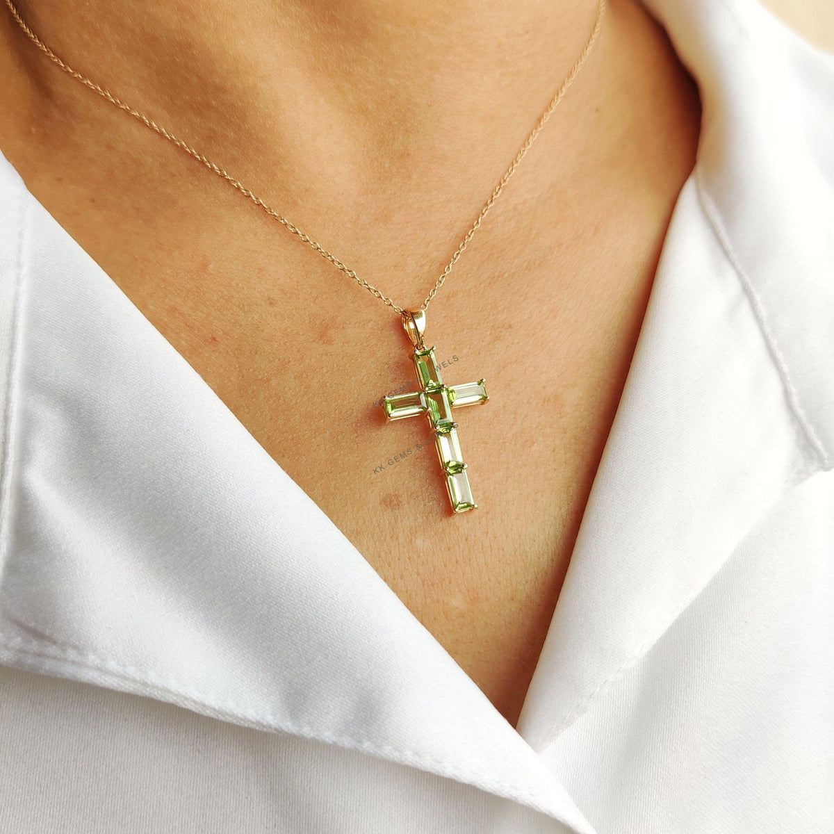 Natural Peridot Baugette Cross Pendant, 14K Solid Yellow Gold, Christmas Gift