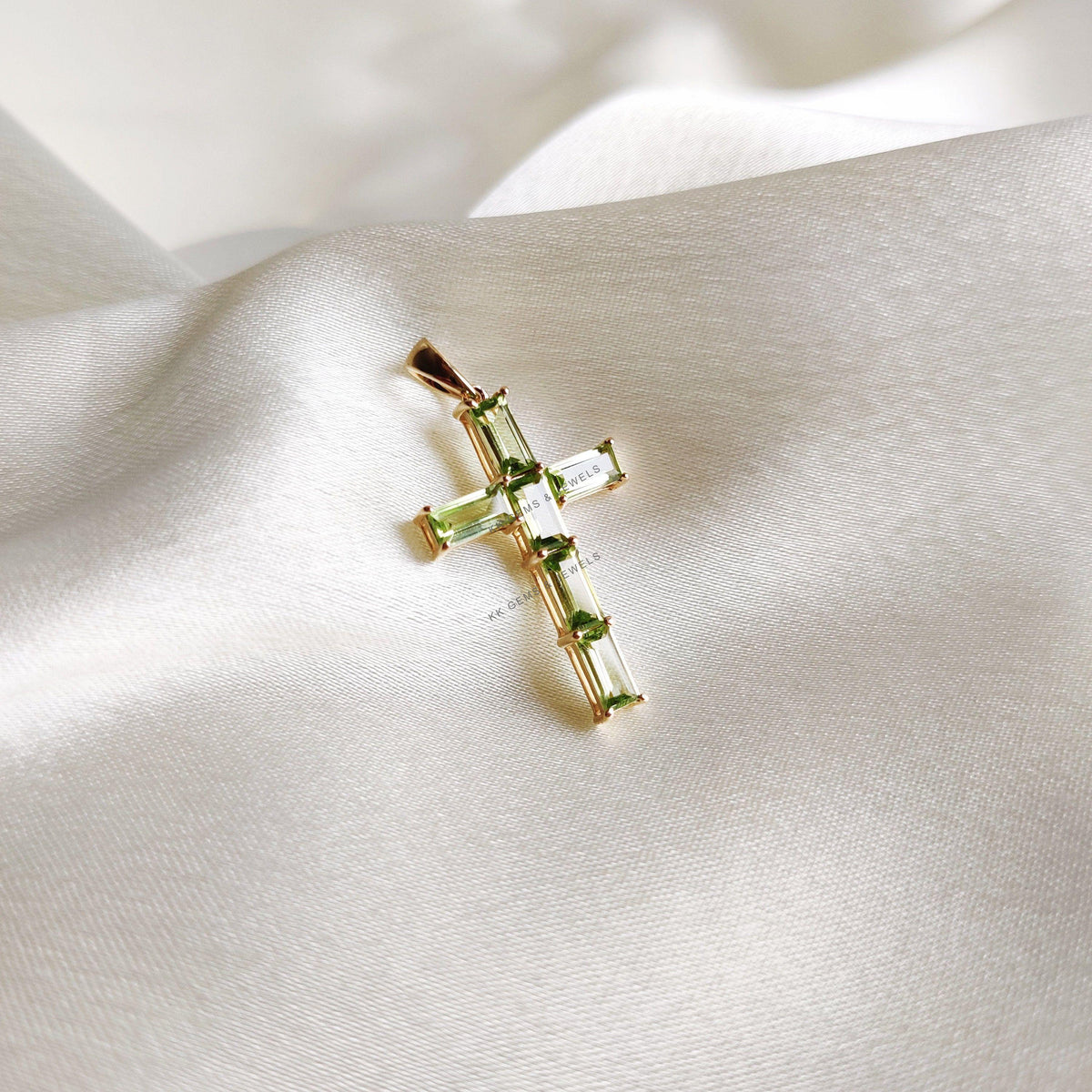 Natural Peridot Baugette Cross Pendant, 14K Solid Yellow Gold, Christmas Gift