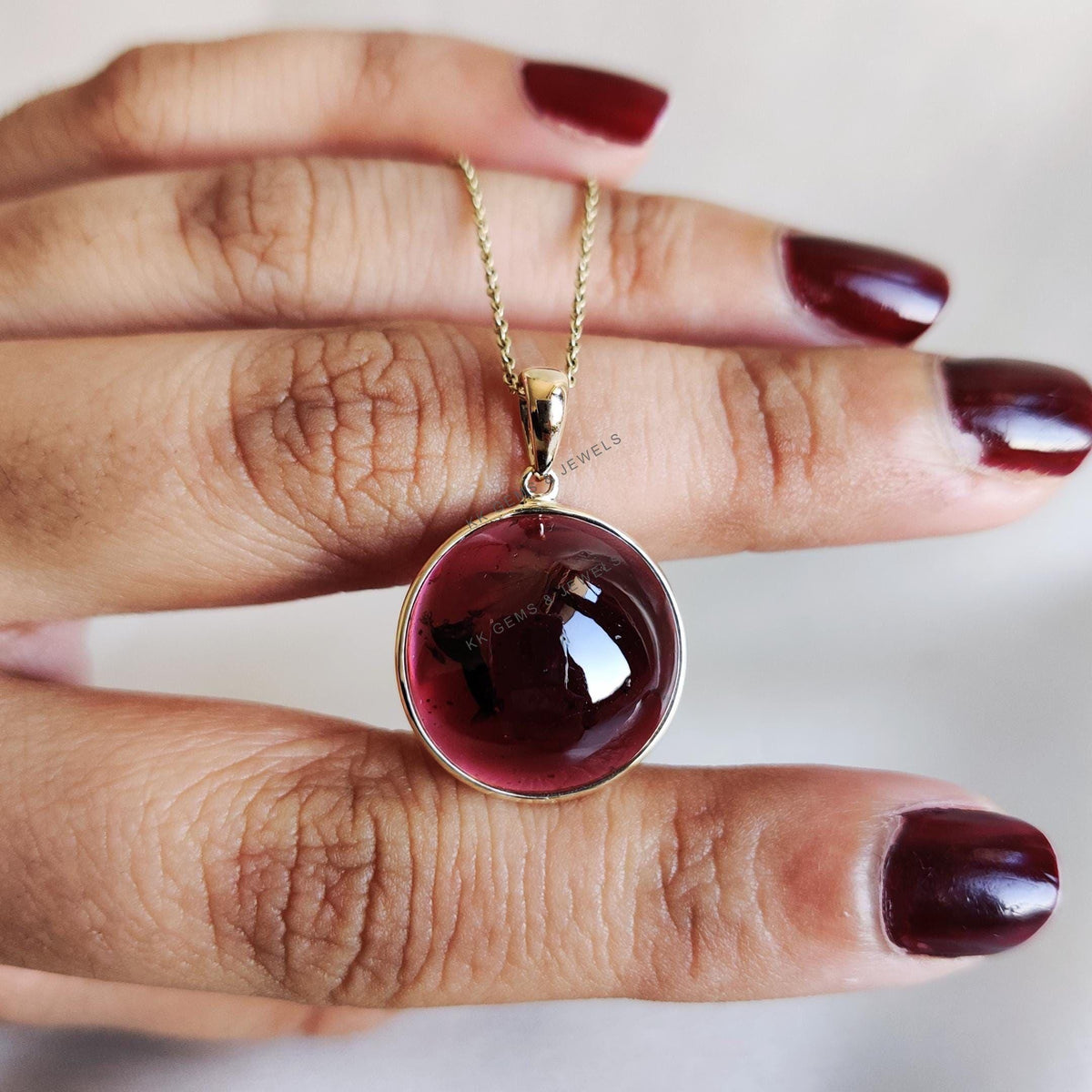 14K Solid Yellow Gold Natural Garnet Pendant: Round Cabochon January Birthstone