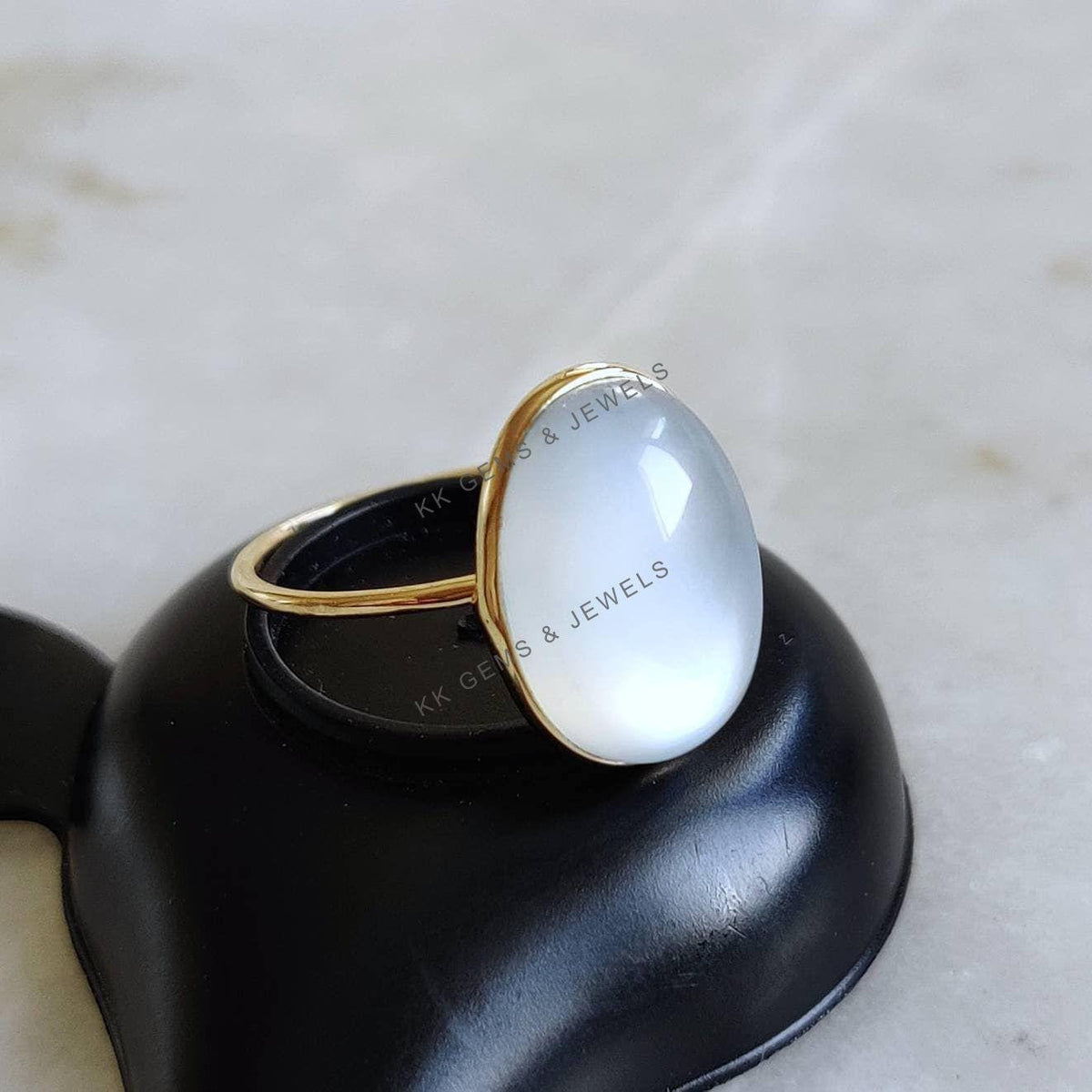 14K Solid Yellow Gold Natural White Moonstone Ring, Bezel Setting, Christmas Present