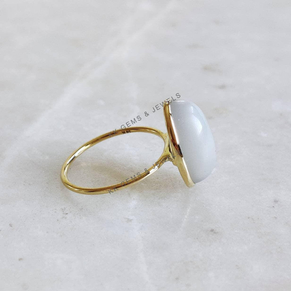 14K Solid Yellow Gold Natural White Moonstone Ring, Bezel Setting, Christmas Present