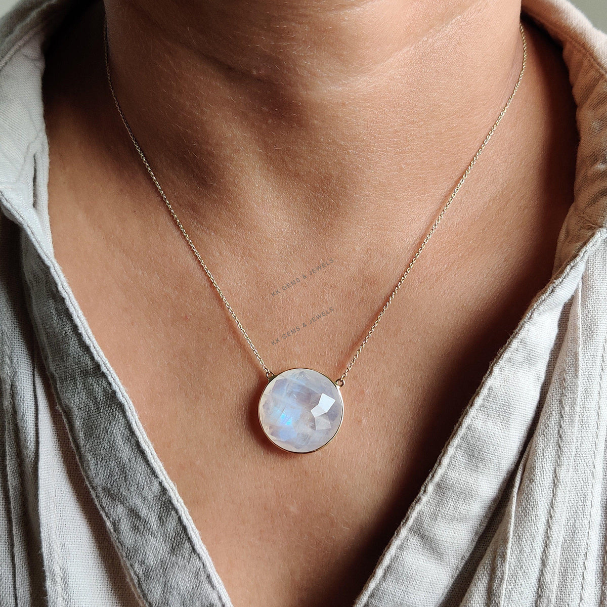Natural Rainbow Moonstone Pendant, 14K Solid Gold Necklace, June Birthstone