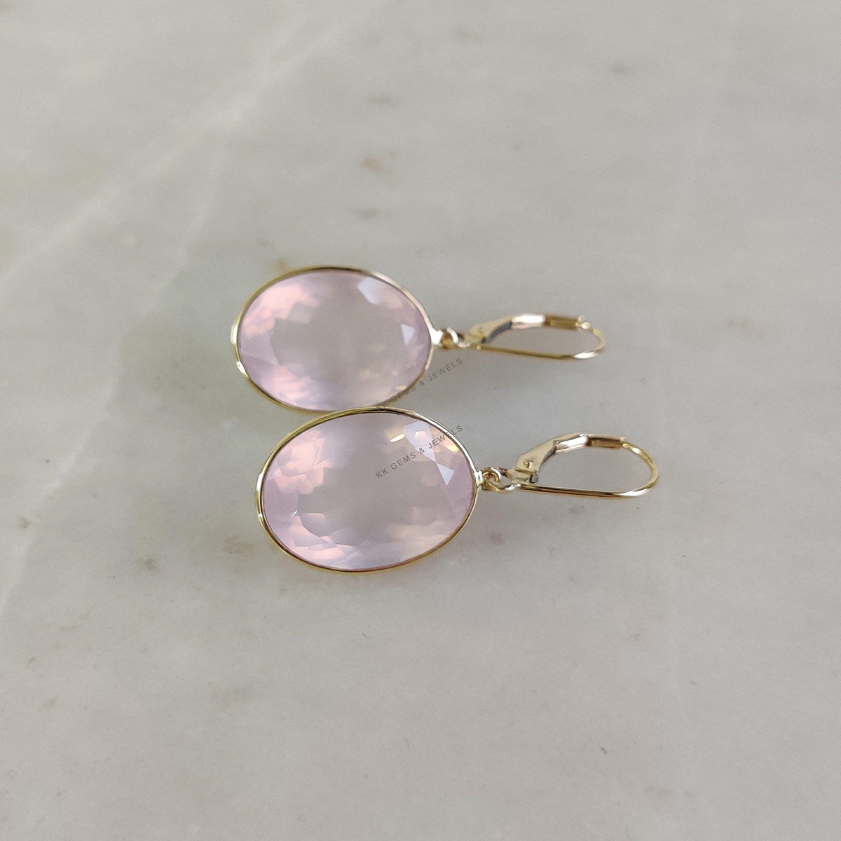 14K Solid Yellow Gold Natural Rose Quartz Earrings, Bezel Set