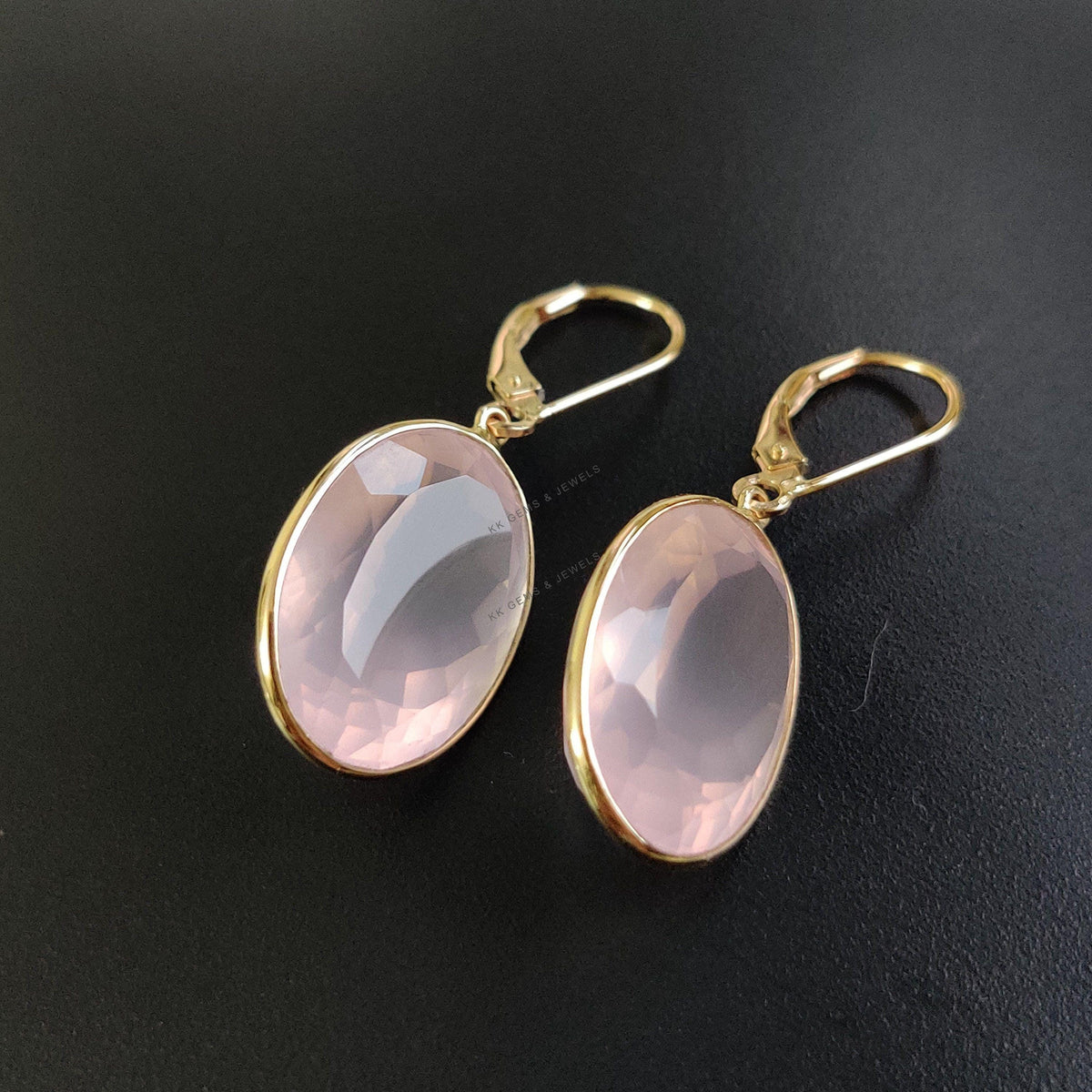 14K Solid Yellow Gold Natural Rose Quartz Earrings, Bezel Set