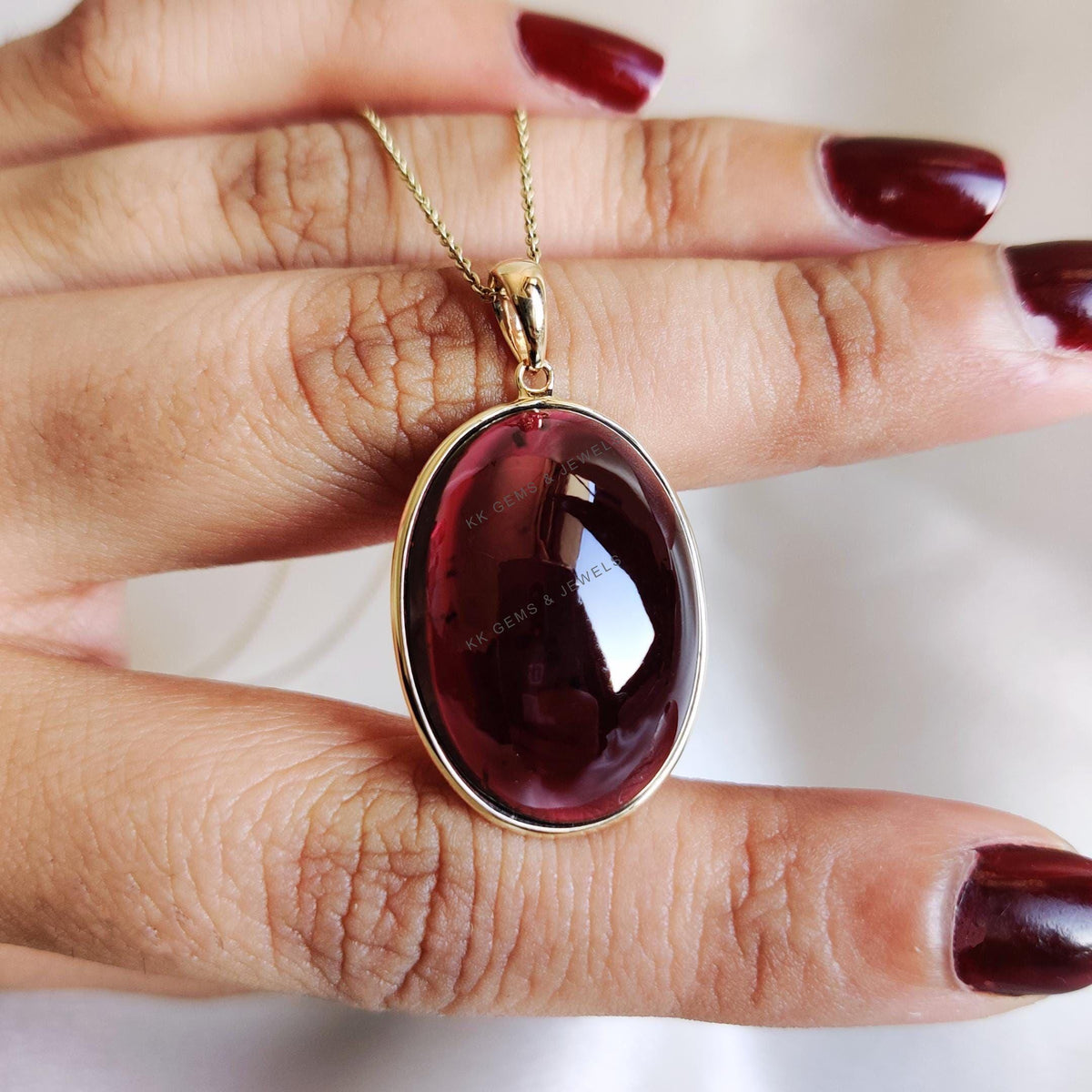 14K Solid Yellow Gold Natural Garnet Pendant: Oval January Birthstone Jewelry