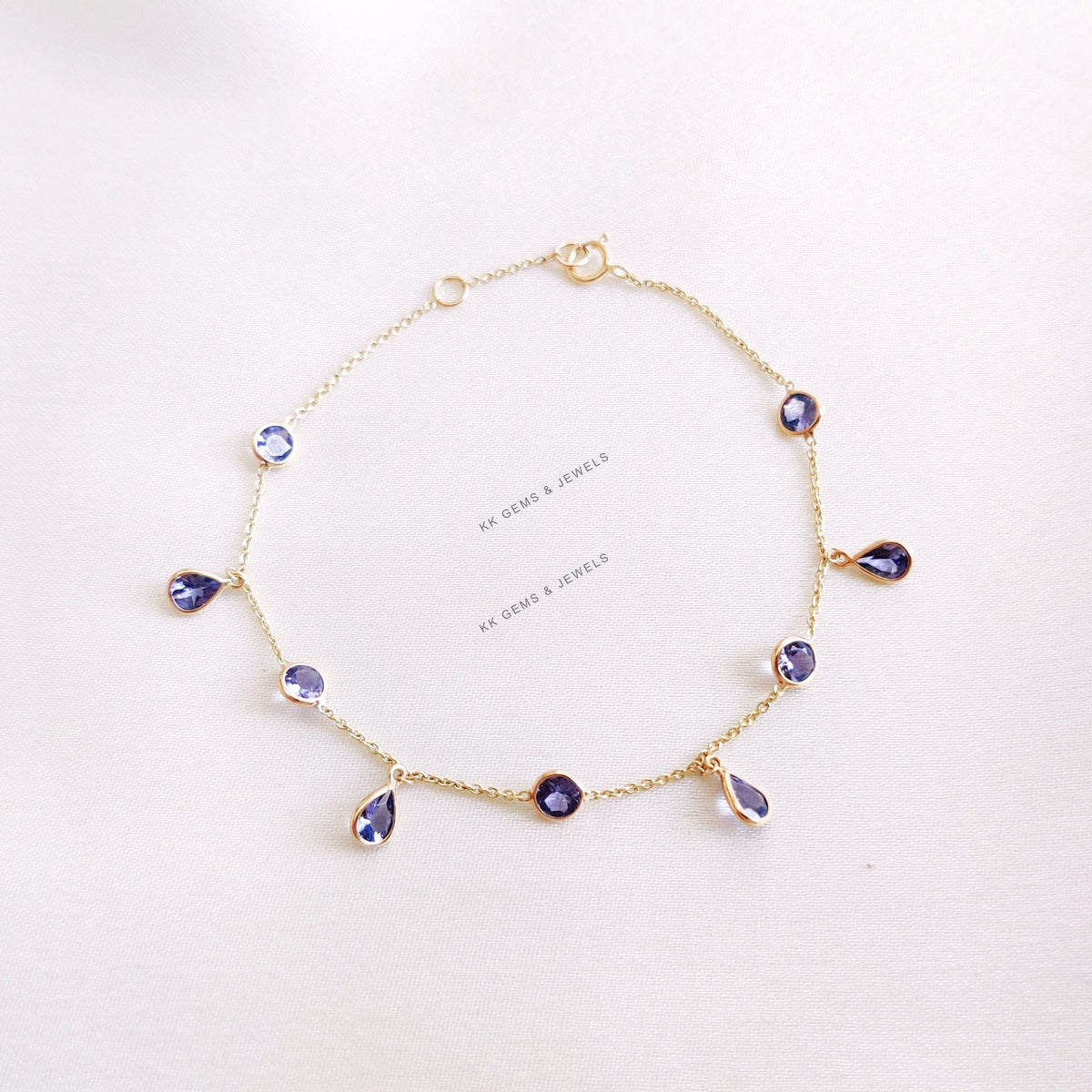 14K Solid Yellow Gold Natural Tanzanite Bracelet, December Birthstone