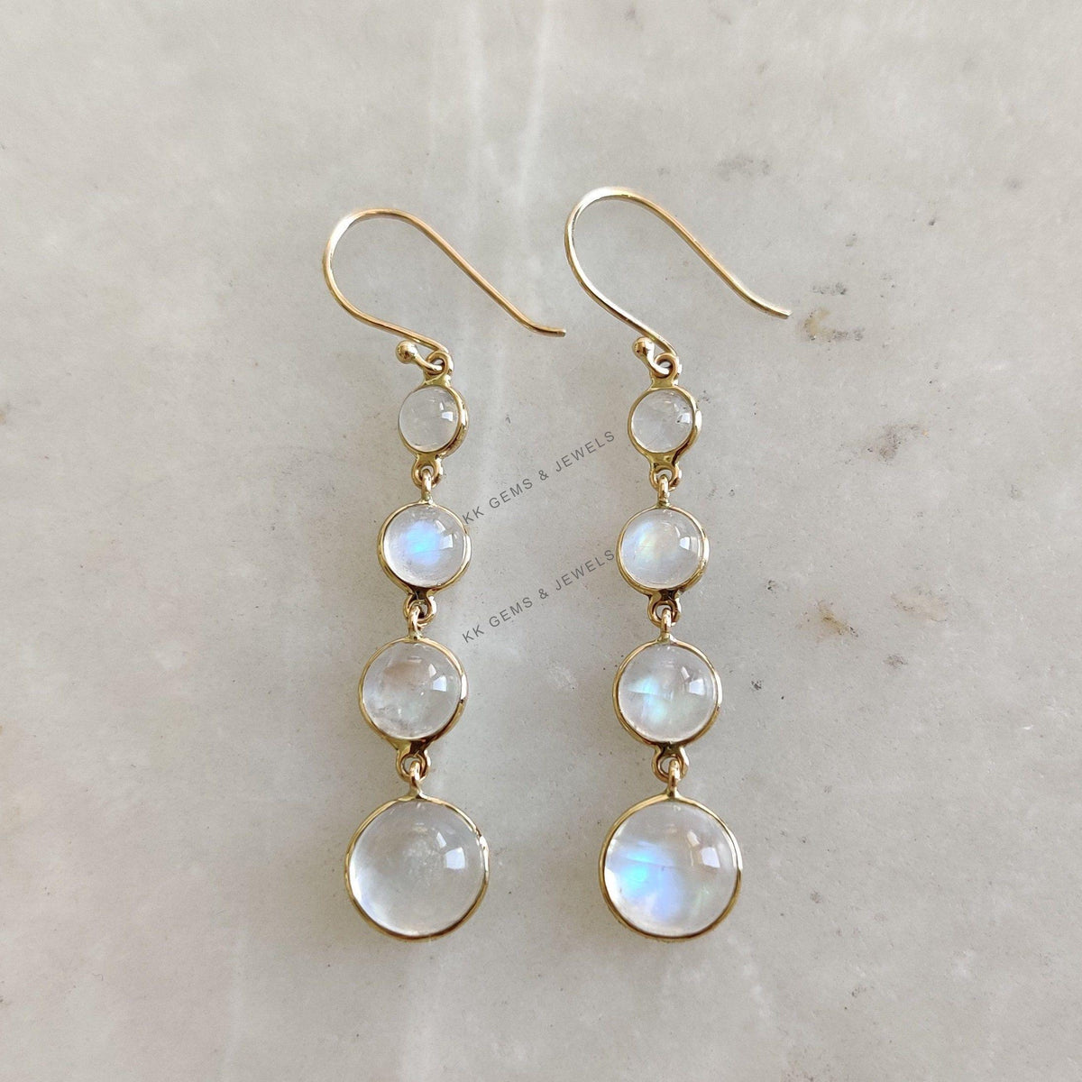 14K Solid Yellow Gold Natural Rainbow Moonstone Danglers, June Birthstone