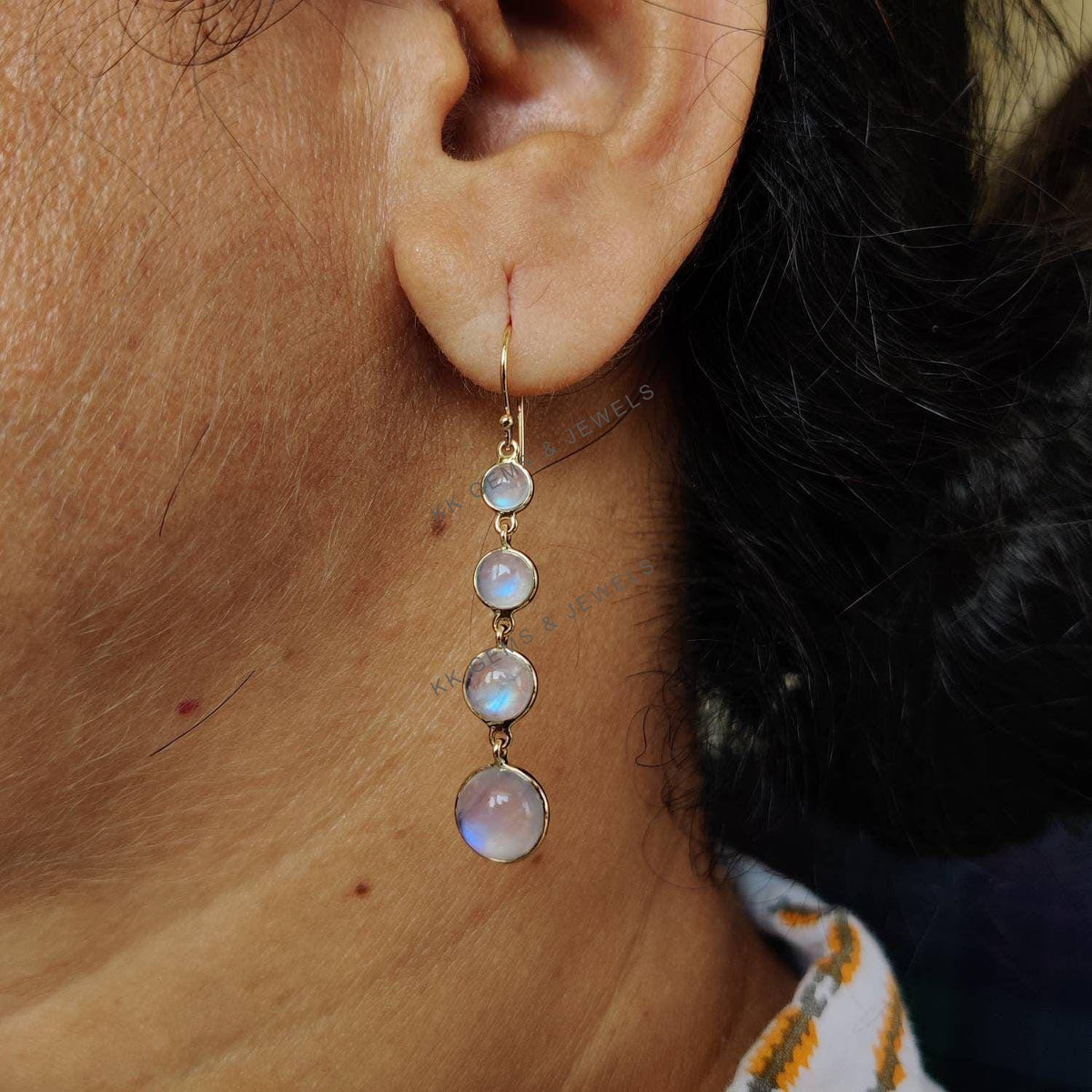 14K Solid Yellow Gold Natural Rainbow Moonstone Danglers, June Birthstone