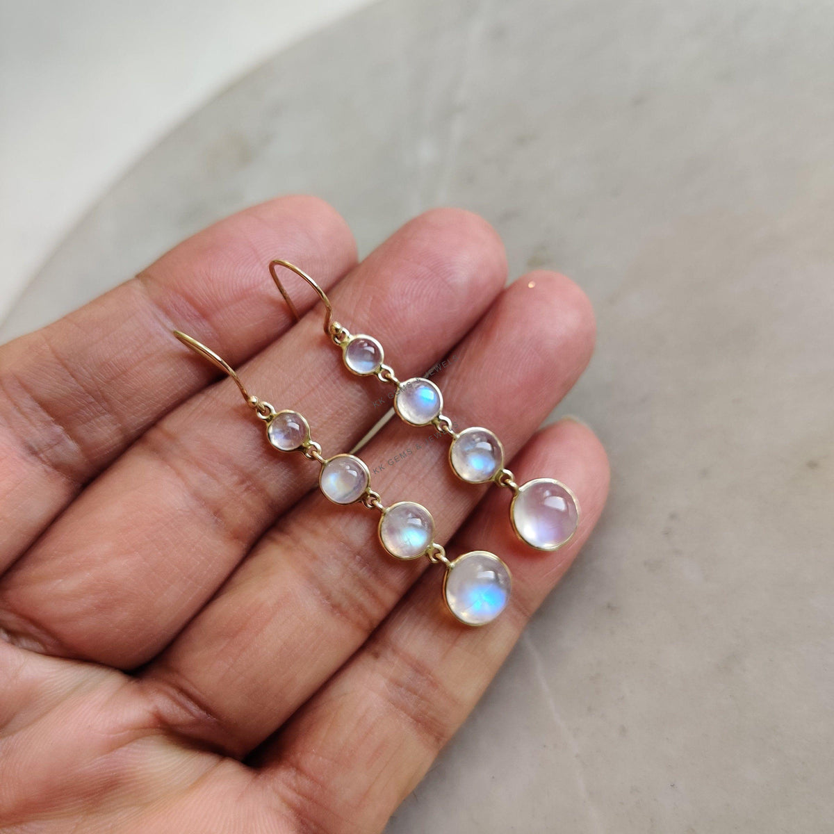 14K Solid Yellow Gold Natural Rainbow Moonstone Danglers, June Birthstone