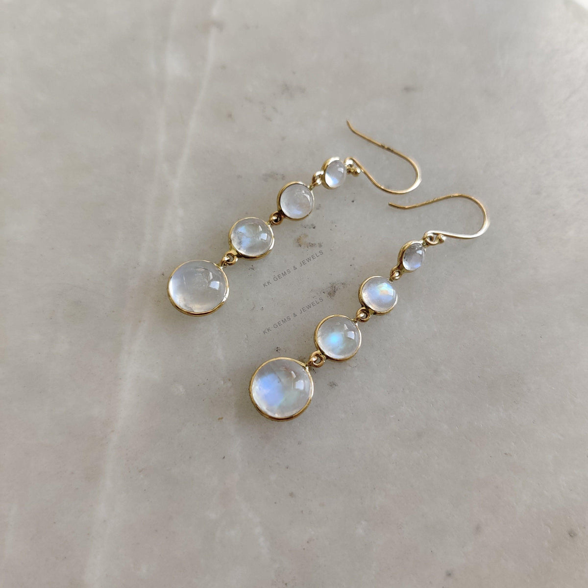 14K Solid Yellow Gold Natural Rainbow Moonstone Danglers, June Birthstone