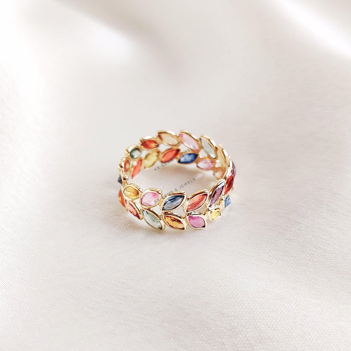 Natural Multi Sapphire Ring, 14K Solid Yellow Gold Bezel Ring, Christmas Present