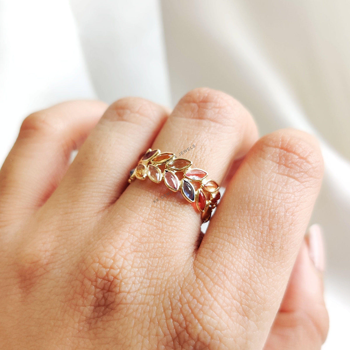 Natural Multi Sapphire Ring, 14K Solid Yellow Gold Bezel Ring, Christmas Present