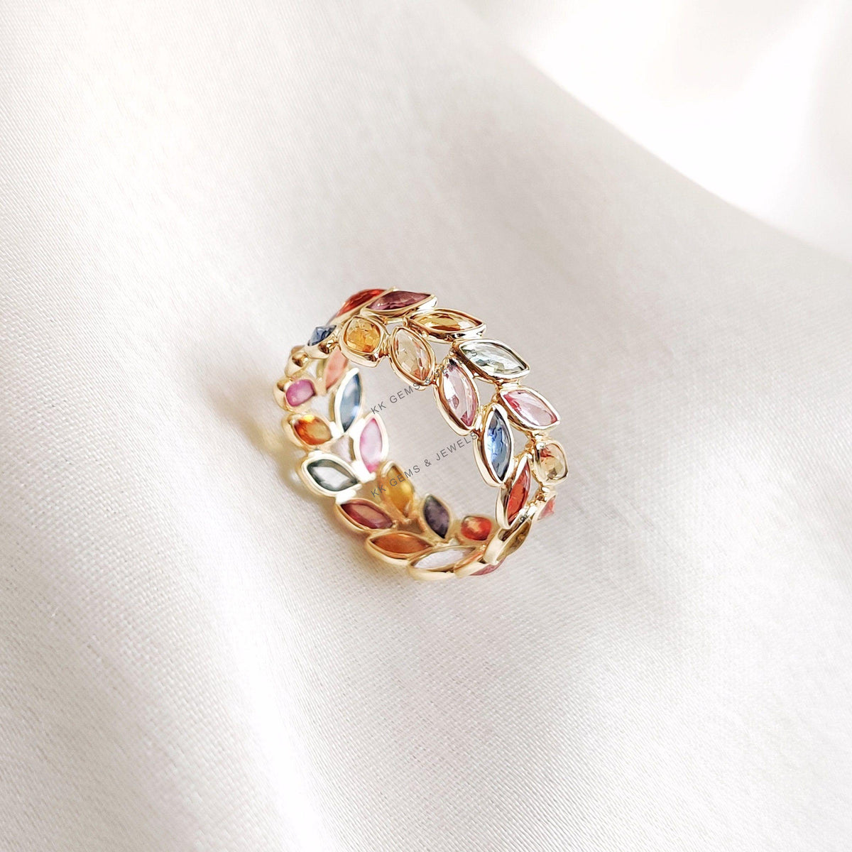 Natural Multi Sapphire Ring, 14K Solid Yellow Gold Bezel Ring, Christmas Present