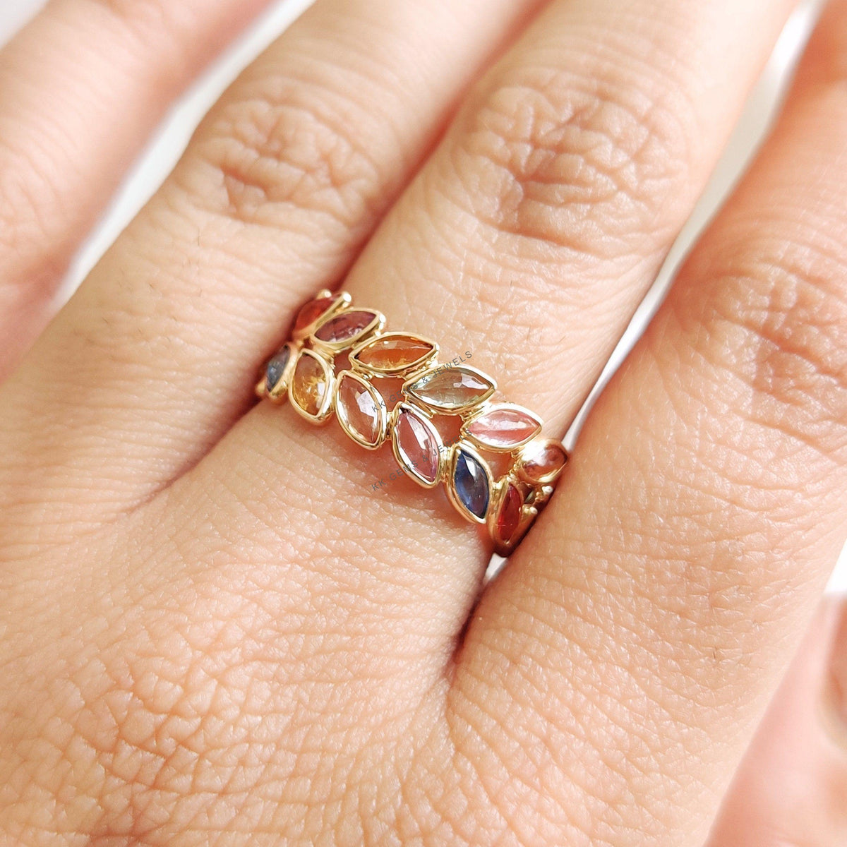 Natural Multi Sapphire Ring, 14K Solid Yellow Gold Bezel Ring, Christmas Present