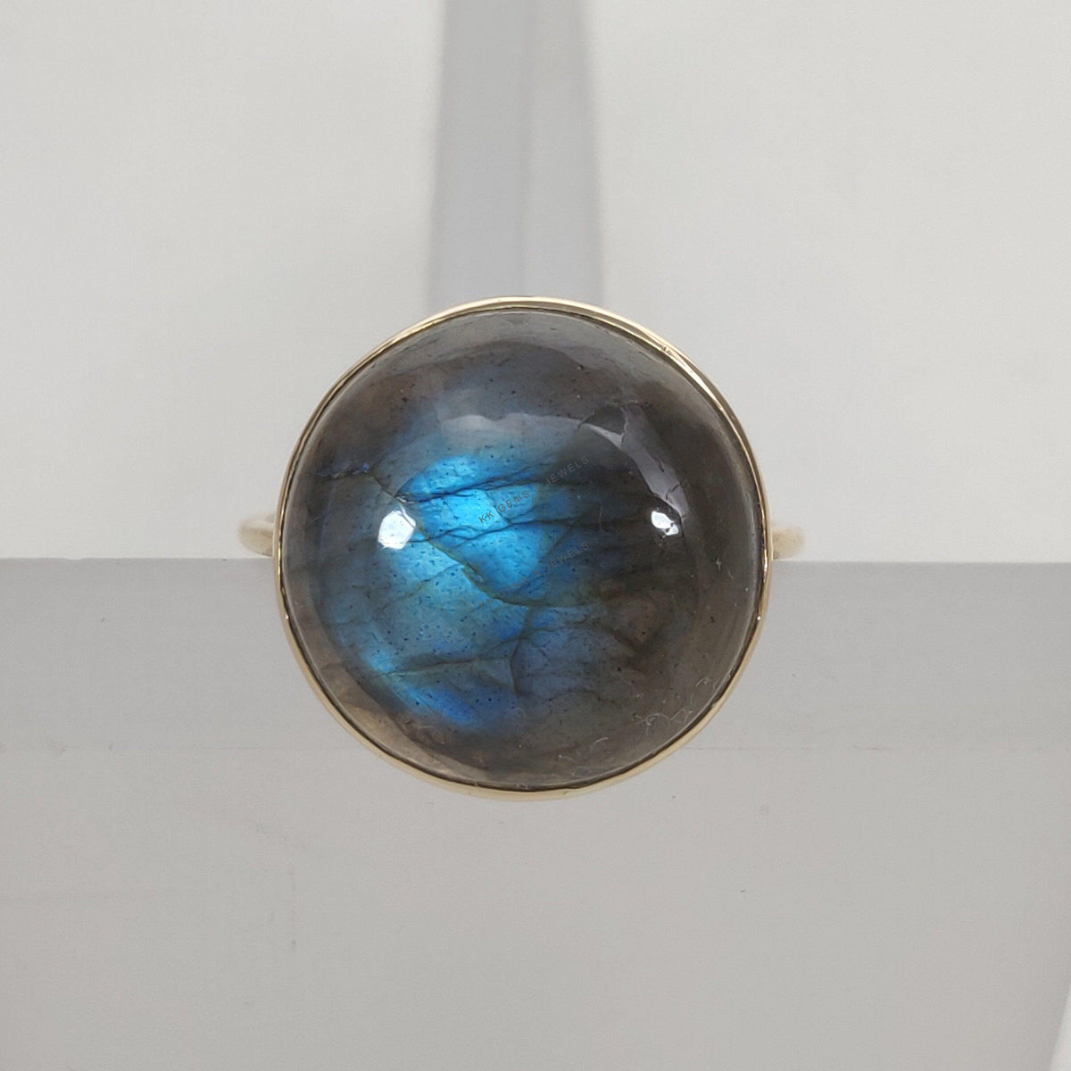 Natural Labradorite Ring, 14K Solid Yellow Gold Bezel Ring, Round Cabochon