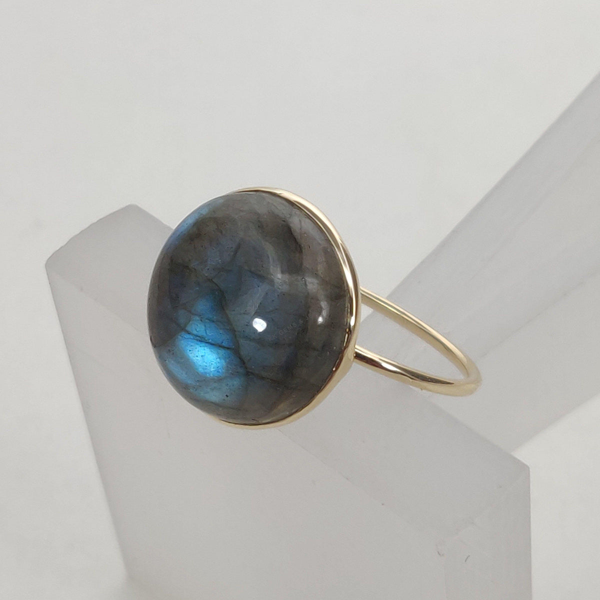 Natural Labradorite Ring, 14K Solid Yellow Gold Bezel Ring, Round Cabochon