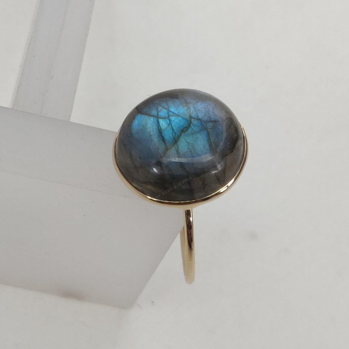 Natural Labradorite Ring, 14K Solid Yellow Gold Bezel Ring, Round Cabochon