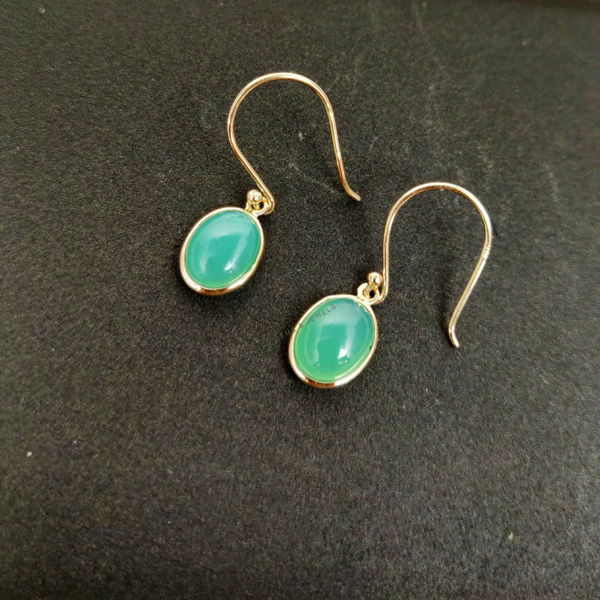 14K Solid Yellow Gold Natural Chrysoprase Drop Earrings, May Birthstone