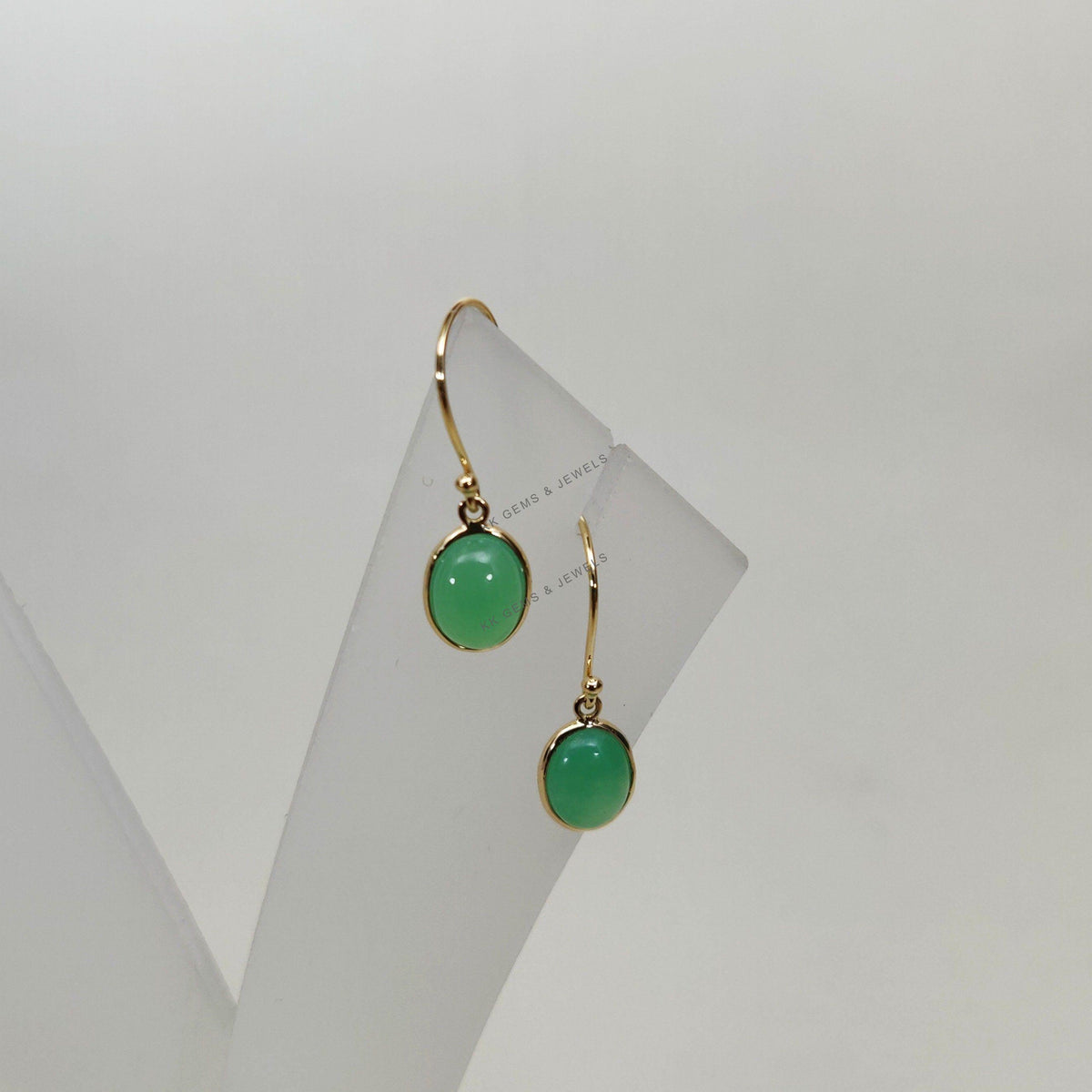 14K Solid Yellow Gold Natural Chrysoprase Drop Earrings, May Birthstone