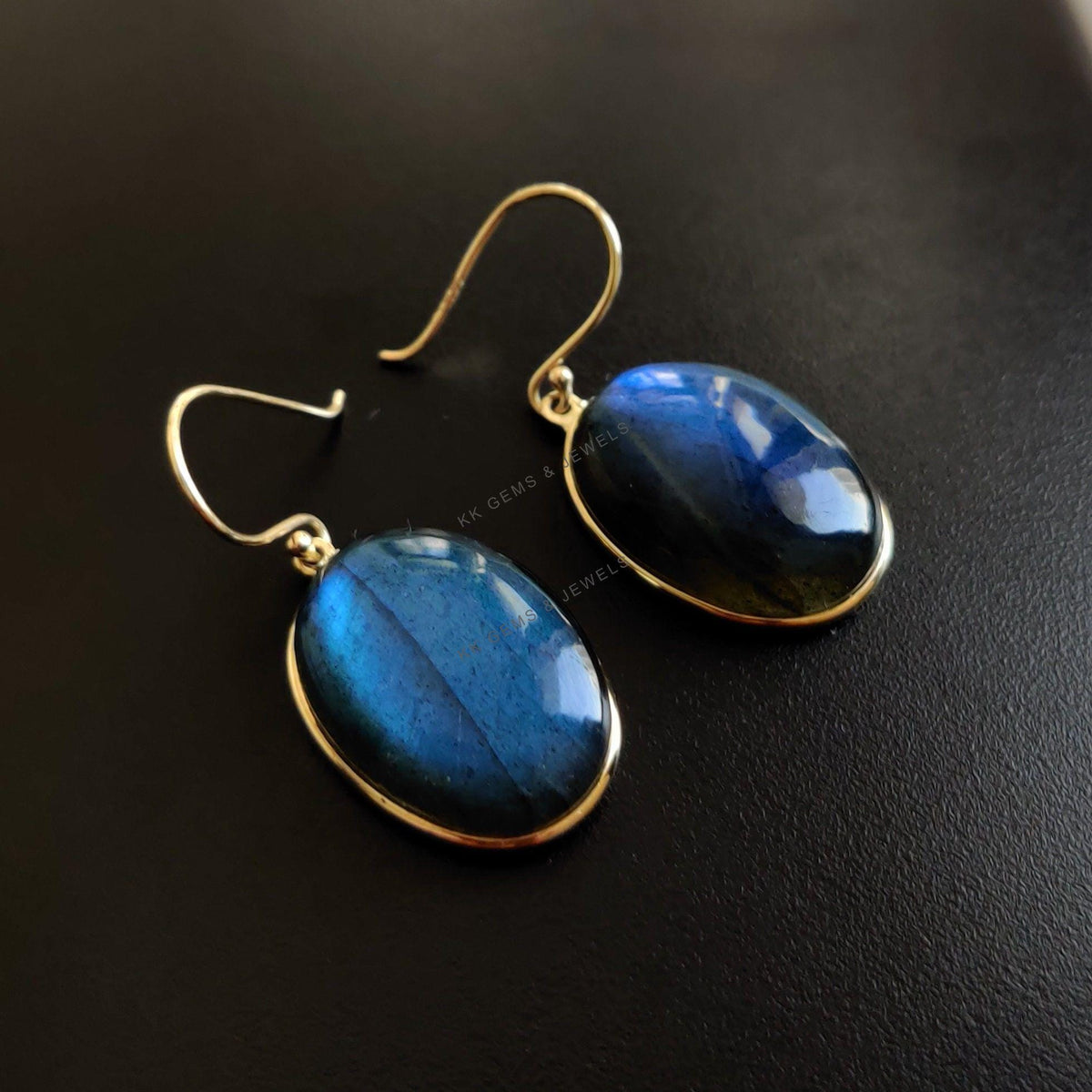 14K Solid Gold Natural Labradorite Drop Earrings, November Birthstone