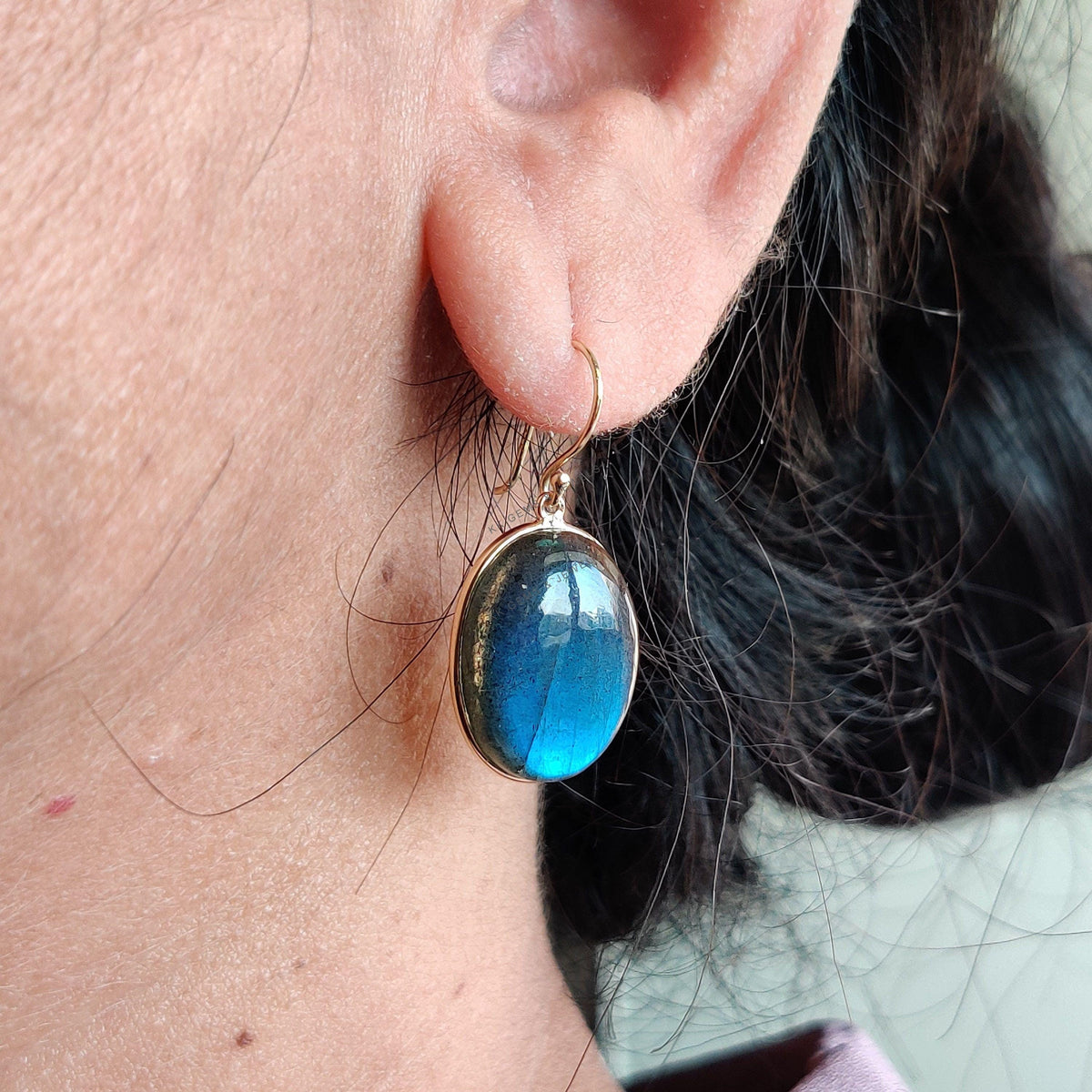 14K Solid Gold Natural Labradorite Drop Earrings, November Birthstone